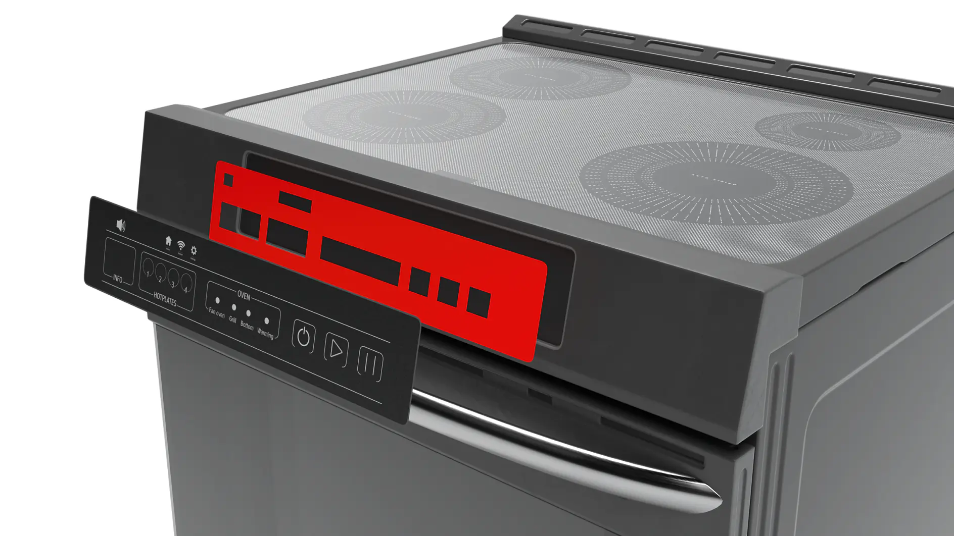 Induction cooktop with four circular heating zones on a smooth surface. A red digital control panel is located at the front. The appliance has a sleek, modern design with a handle beneath the control panel, securely fastened using tesa tape for added stability and durability. (This text has been generated by AI)