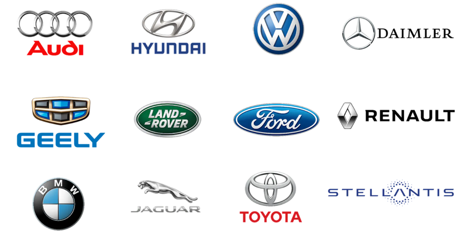 A collection of car brand logos, including Audi, Mercedes-Benz, Ford, Hyundai, Renault, Toyota, BMW, Jaguar, Land Rover, Volkswagen, FCA, and Geely, displayed on a white tesa tape background.