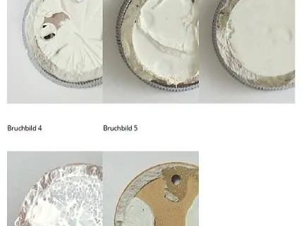 Five images of round objects labeled Bruchbild 1 to 5 show varying states of a white substance cracked or worn on circular surfaces. Each image displays different patterns of fragmentation and exposure of underlying material using tesa tape. (This text has been generated by AI)