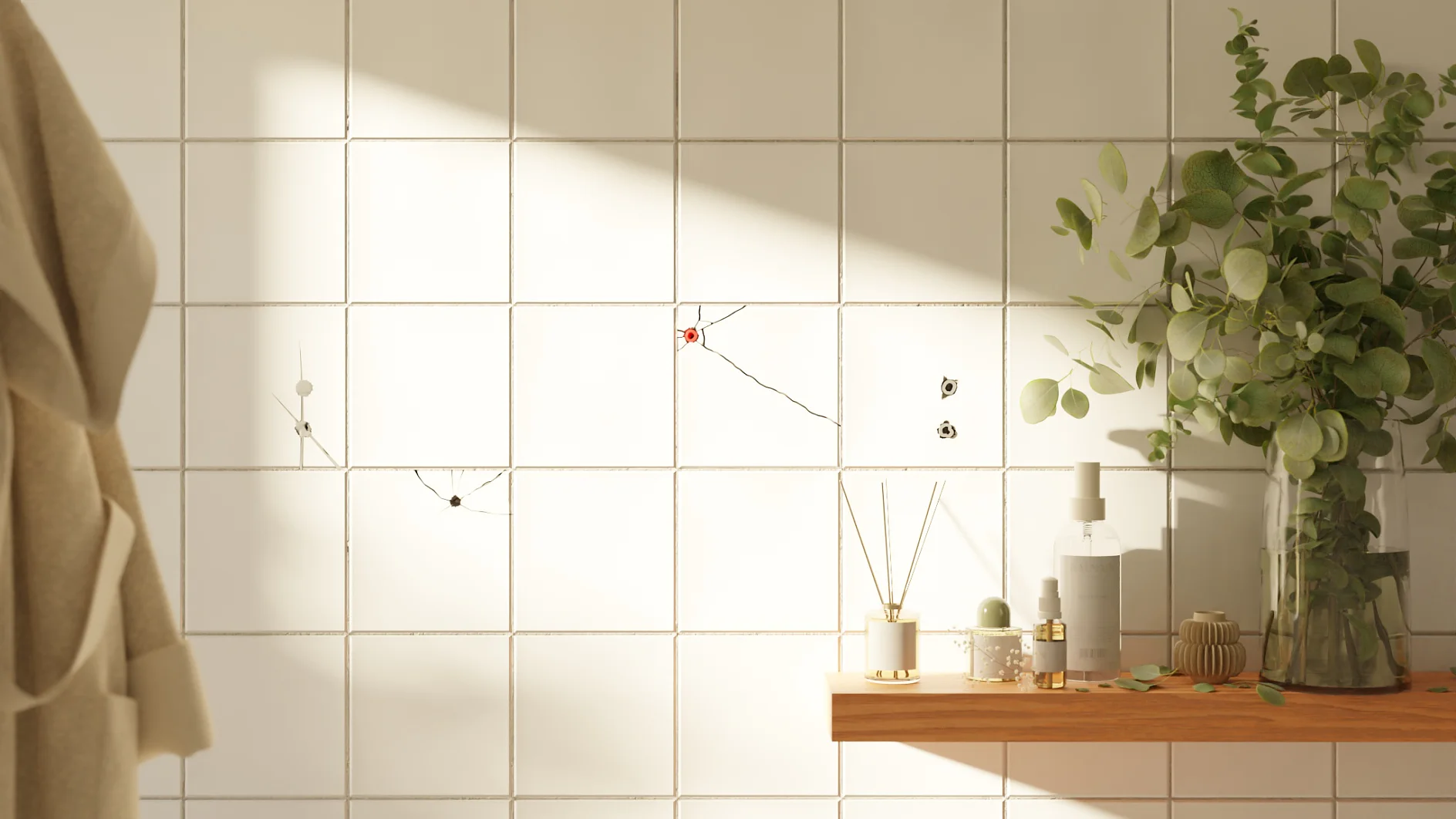 A tiled wall with faint drawings is partially illuminated by sunlight. A wooden shelf holds various items, including bottles, a jar with green branches, and a small plant. A beige fabric hangs on the left side of the image, secured in place with tesa tape. (This text has been generated by AI)
