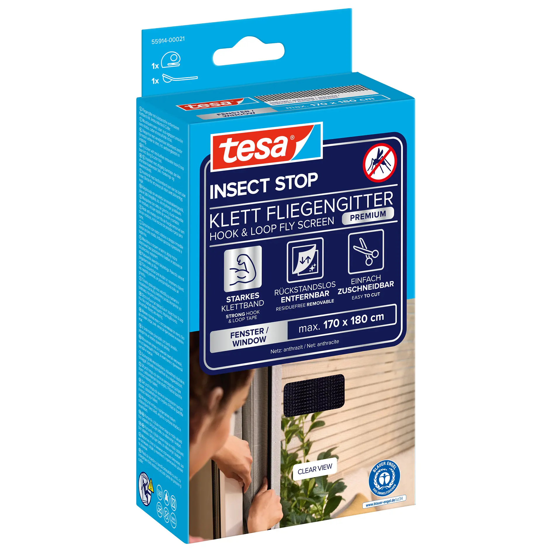 tesa insect stop hook and loop fly screen packaging showing product use on a door frame in an indoor setting (This text has been generated by AI)