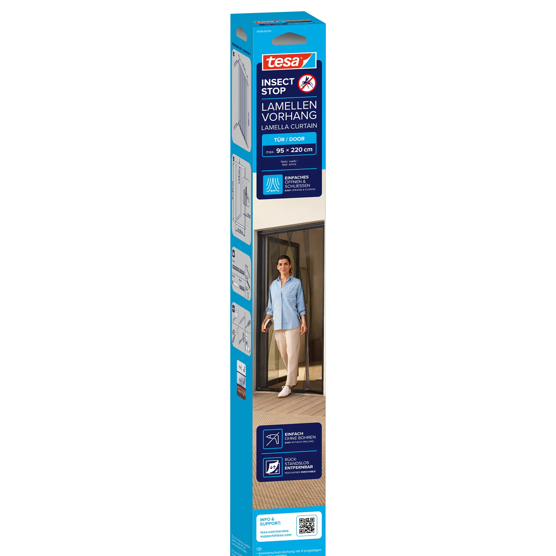 tesa insect stop adhesive strip packaging showing product for sealing window frames against insects, with indoor setting and installation example. (This text has been generated by AI)