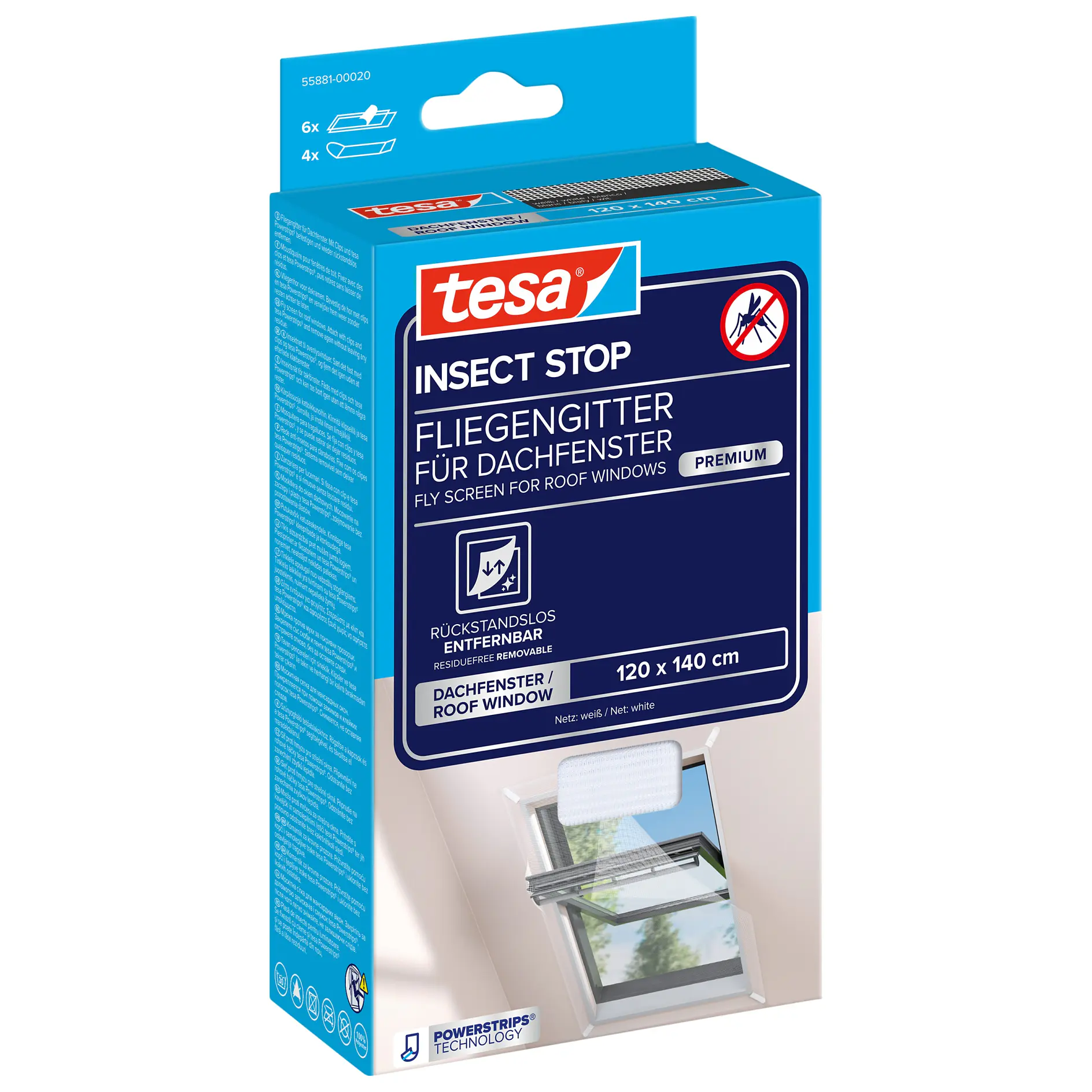tesa insect stop fly screen for roof windows, blue packaging box showing product use on an open roof window indoors (This text has been generated by AI)