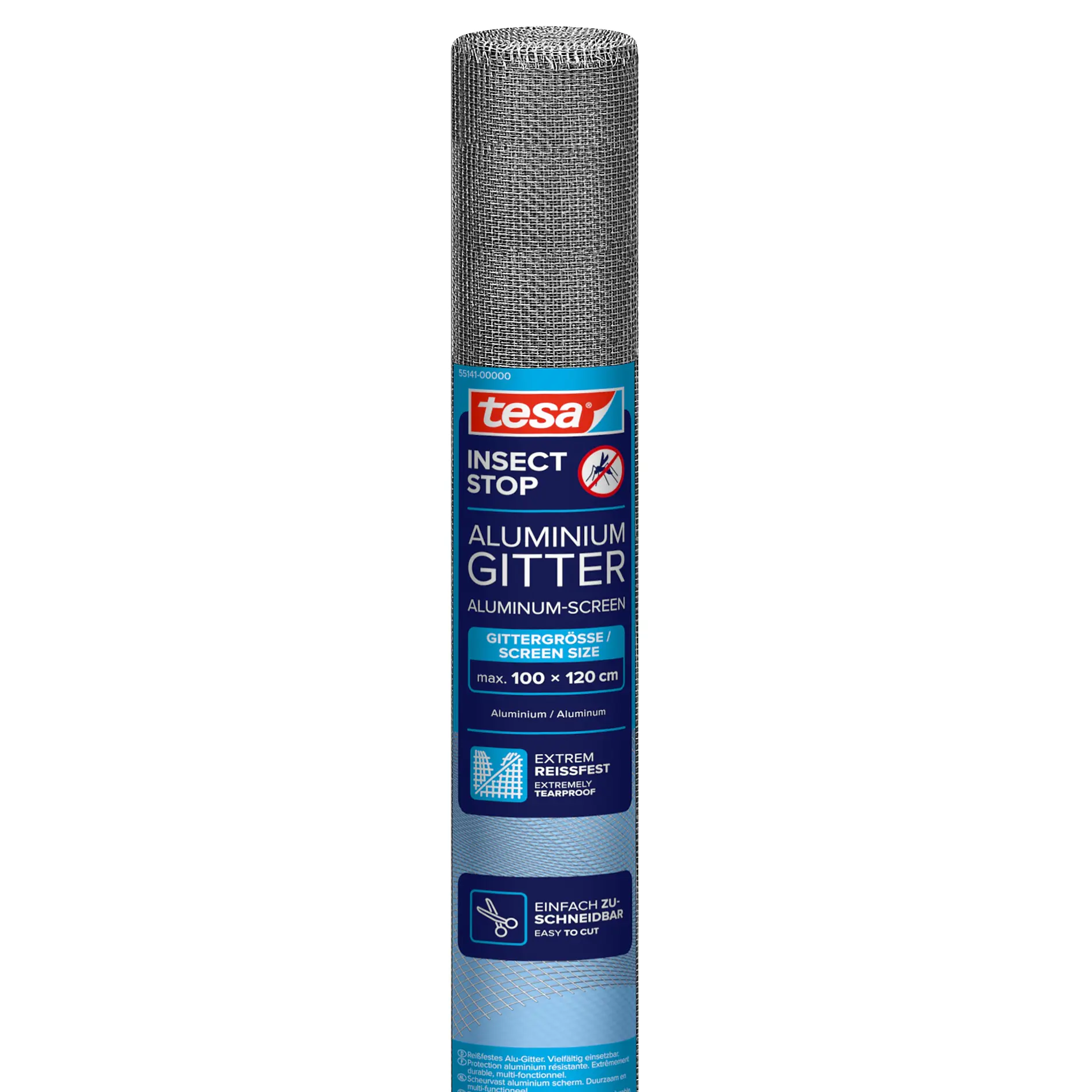 gray aluminum insect screen roll labeled tesa insect stop with product details, displayed against a white background (This text has been generated by AI)