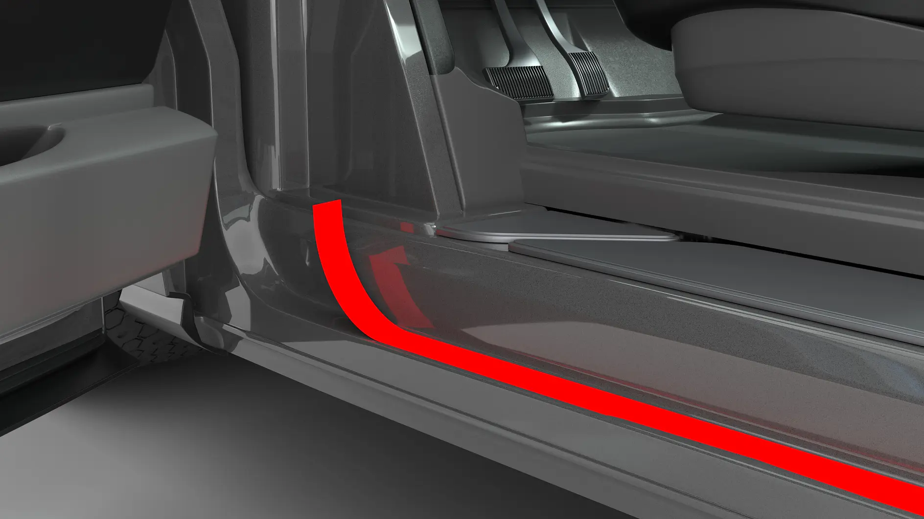 tesa branded blue strip on the door sill of a black car interior, showing part of the driver's seat and footwell (This text has been generated by AI)