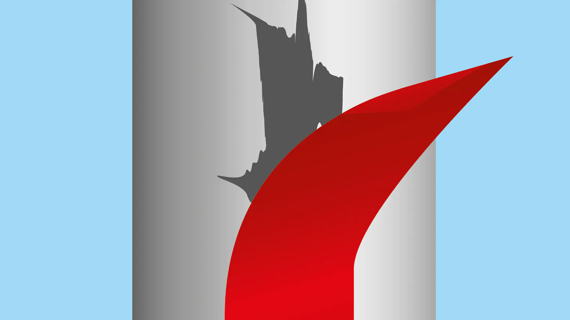 A tall, cylindrical object with a gray surface has a jagged black shape toward the top. A bold red curved element is prominently situated in the lower right corner against a light blue background. (This text has been generated by AI)