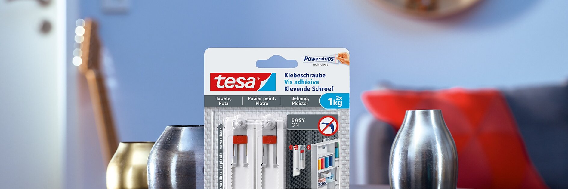 Kā izmantot tesa® viedo āķi/skrūvi ar regulēšanu augstumā, svaram līdz 1 kg (trauslām vismām)