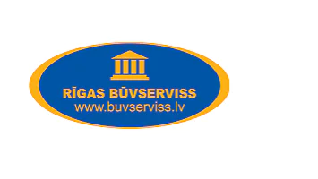 Attēlā redzams ovāls logotips ar zilu fonu un oranžu apmali. Iekšpusē balta ēkas ikona virs teksta RĪGAS BŪVSERVISS un www.buvserviss.lv ar dzelteniem burtiem. (This text has been generated by AI)