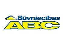 Logotips ar uzrakstu Būvniecības ABC trekniem, ziliem un dzelteniem burtiem. Virs teksta novietots stilizēts mājas jumta un skursteņa attēls. Fons ir balts. (This text has been generated by AI)