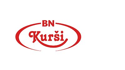 Attēlā redzams logotips ar tekstu BN Kurši sarkanā krāsā. Vārds Kurši ir stilizēts ar uz augšu izliektu pasvītrojumu. Tekstu apņem ovāla līnija, arī sarkanā krāsā uz balta fona. (This text has been generated by AI)