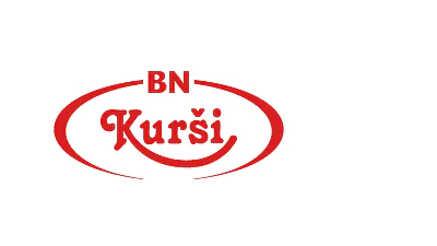 Attēlā redzams logotips ar tekstu BN Kurši sarkanā krāsā. Vārds Kurši ir stilizēts ar uz augšu izliektu pasvītrojumu. Tekstu apņem ovāla līnija, arī sarkanā krāsā uz balta fona. (This text has been generated by AI)