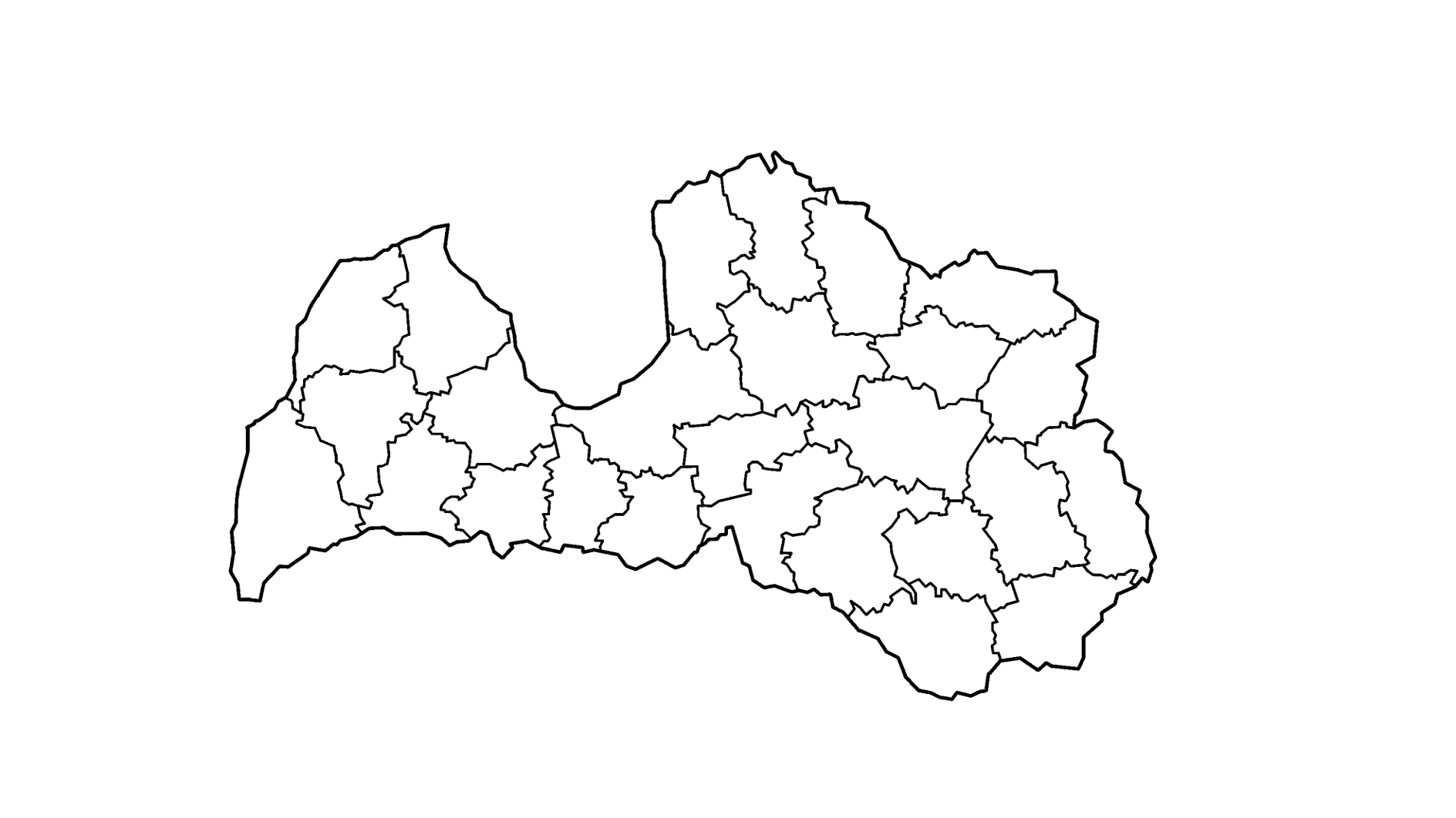 Melnbalta kontūrkarte, kurā redzami Latvijas administratīvie reģioni. Karte ir sadalīta ar plānām melnām līnijām, kas norāda dažādus reģionus neregulāras formas apmalē. Fons ir vienkārši balts. (This text has been generated by AI)