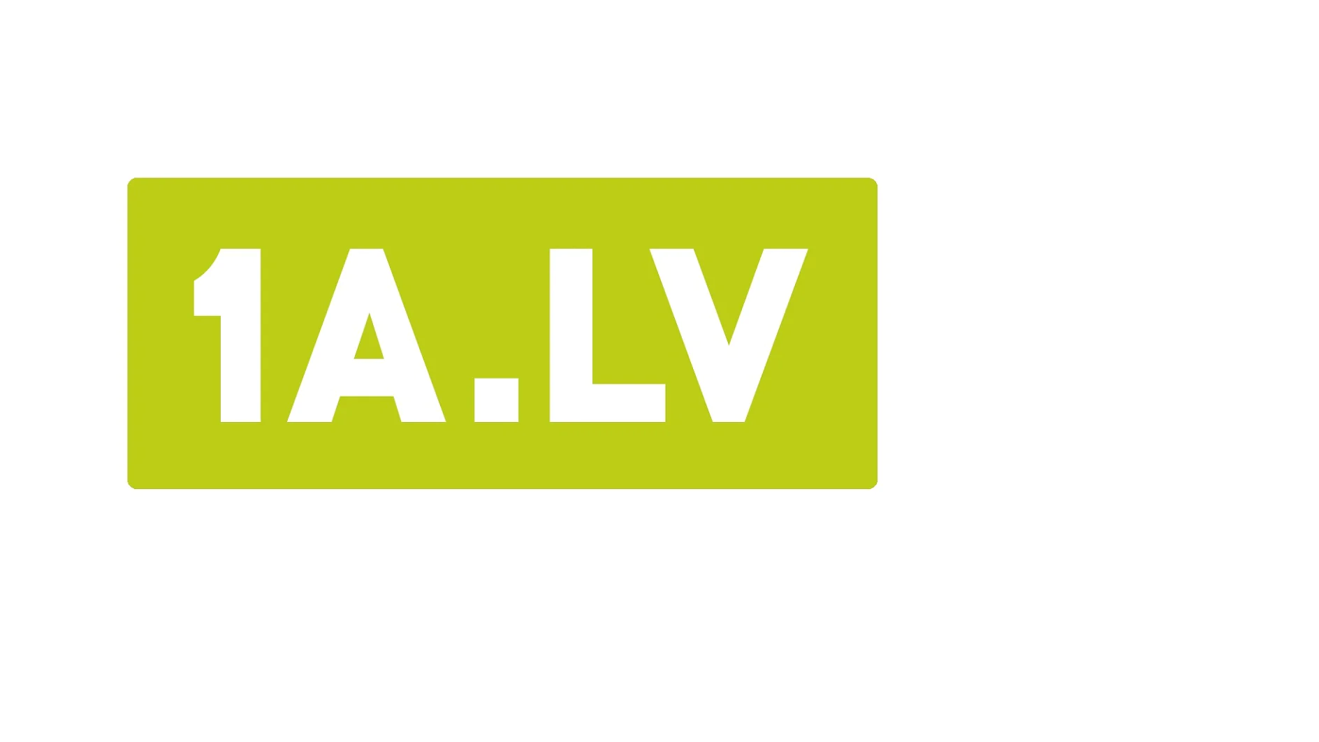 Parādīts zaļš taisnstūrveida logotips ar noapaļotiem stūriem, uz kura baltā krāsā attēlots teksts 1A.LV. Burti un cipari ir centrēti taisnstūrī. Fons ir vienkārši balts. (This text has been generated by AI)
