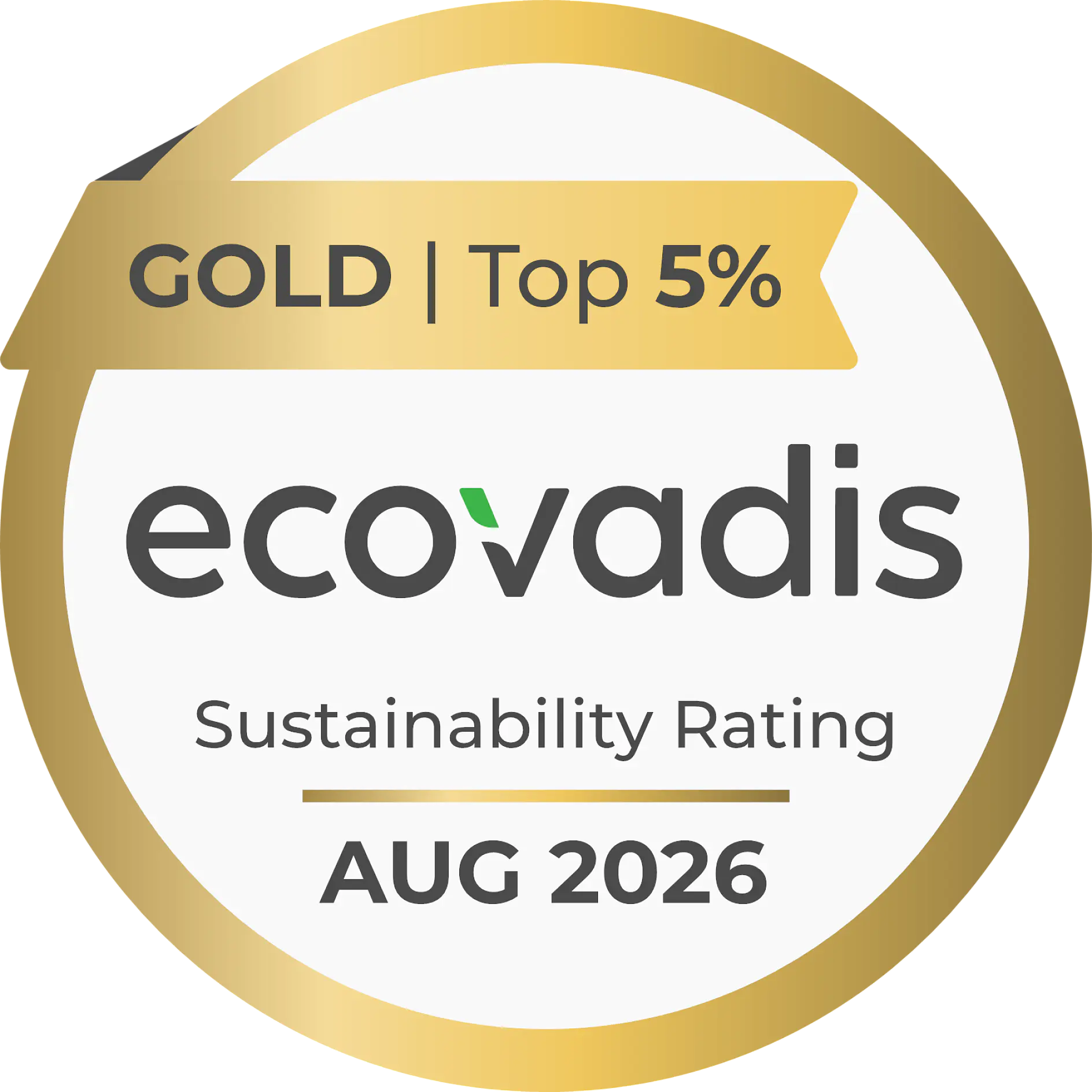 The image shows a circular badge with a gold border. The center reads ecovadis Sustainability Rating with GOLD | Top 5% above and APR 2024 below.