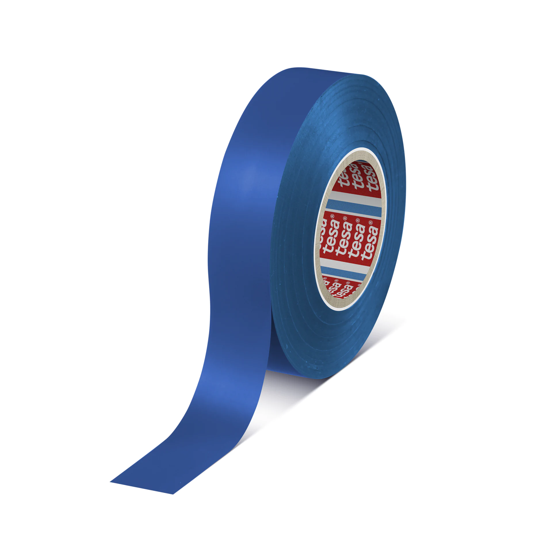 blue tesa adhesive tape roll with partially unrolled strip on white background (This text has been generated by AI)