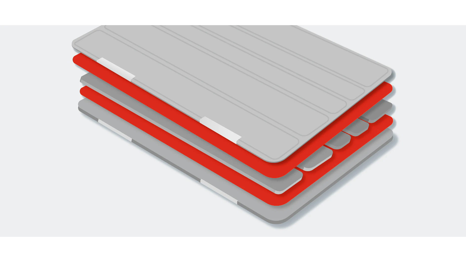 The image shows a stack of four closed, folding smart covers in a gray and red color scheme, viewed from an angle. The covers have a segmented design and appear to be for tablet devices. (This text has been generated by AI)