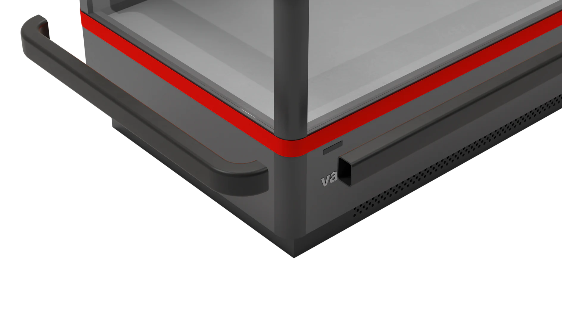 Close-up of a gray and red rectangular cart with a visible handle and a small black latch-like feature. The cart has a simple, modern design with multiple levels, and the surface appears metal or plastic, seamlessly held together with tesa tape for reliable durability. (This text has been generated by AI)