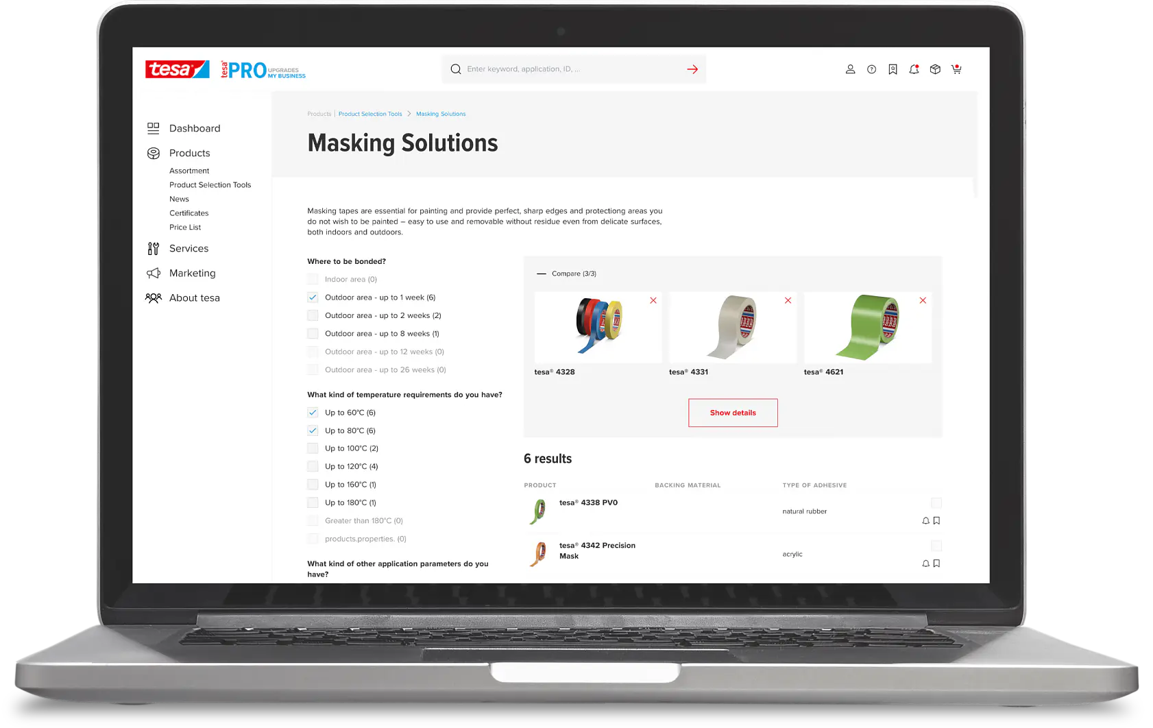A laptop screen displaying a webpage titled Masking Solutions by tesa. The page shows various tesa tape options with images and brief descriptions. A sidebar menu includes items like Dashboard, Products, and Services. (This text has been generated by AI)