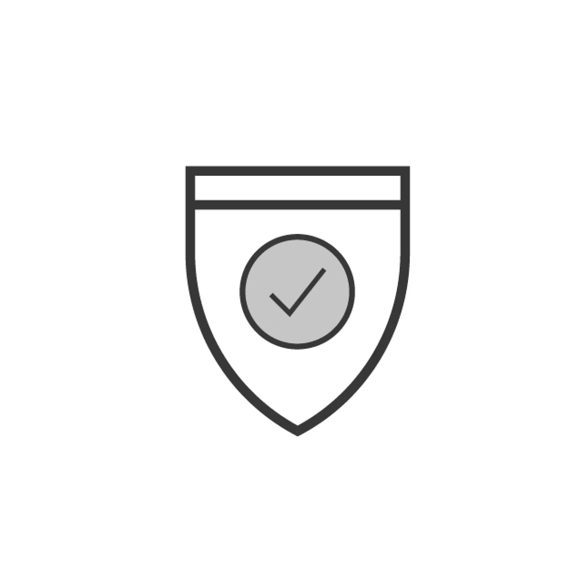 A simple line drawing of a shield with a circle in the center. Inside the circle, there is a check mark symbol. The shield and circle are outlined in black, while the check mark is inside a gray circle. The background is white and features tesa tape for precise outlines and secure adhesion in design projects. (This text has been generated by AI)
