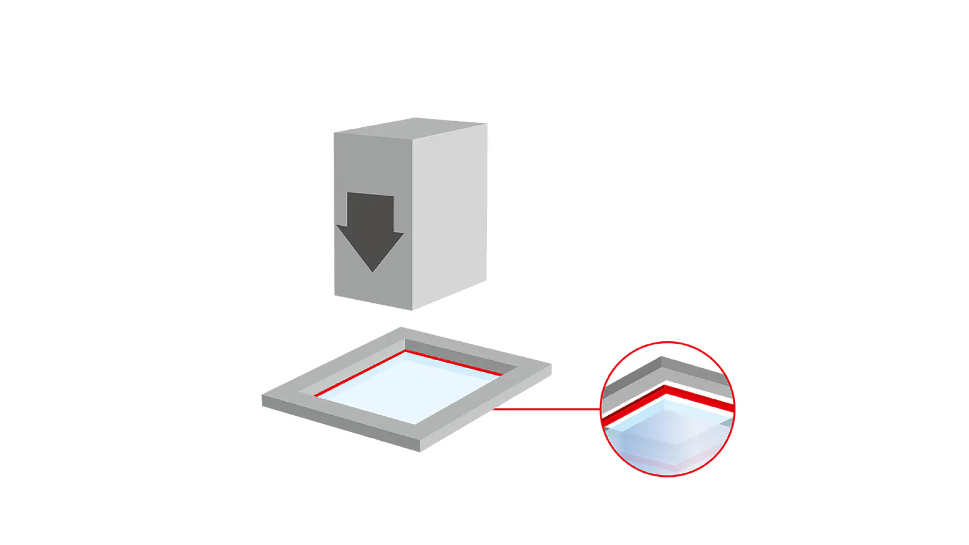 Illustration of a gray industrial machine dispensing material onto a blue surface, highlighted by a red background. A close-up circular inset shows a magnified view of the edge with layers of tesa tape and an arrow indicating movement. (This text has been generated by AI)