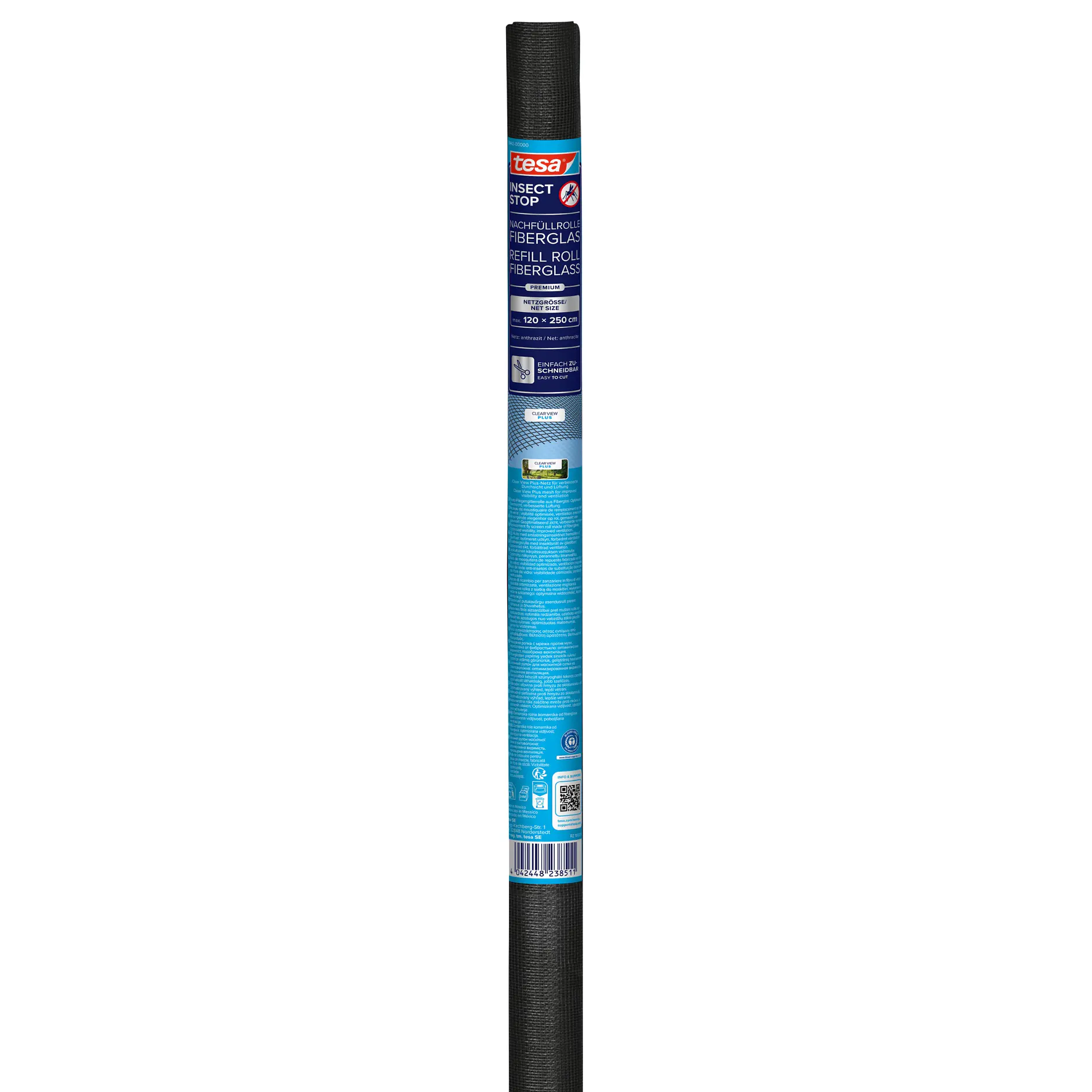 tesa waterproofing membrane rolls standing upright, showing product labels and packaging in a studio setting (This text has been generated by AI)
