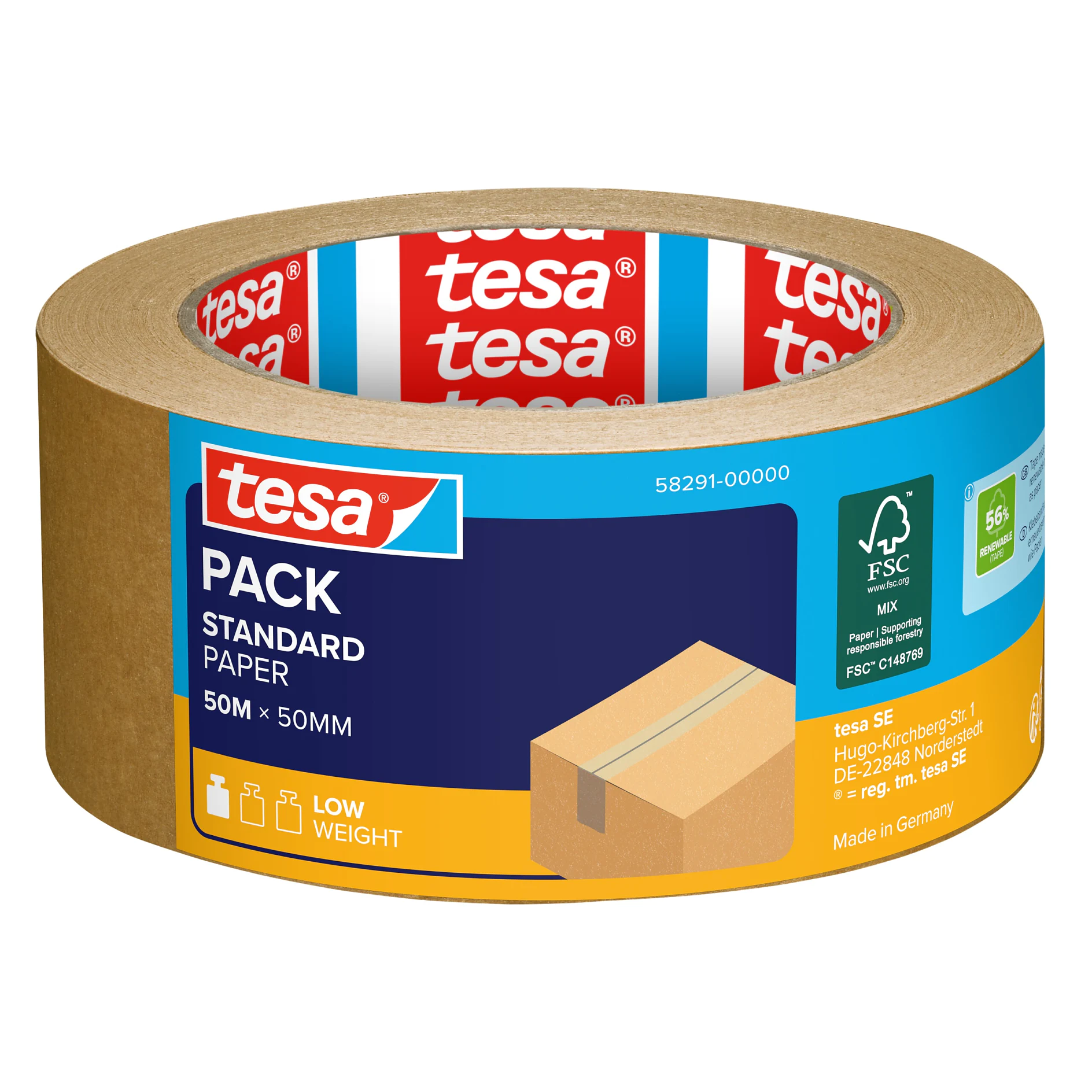roll of tesa pack standard paper tape, 50mm wide and 50m long, with packaging icons and branding on a white background (This text has been generated by AI)