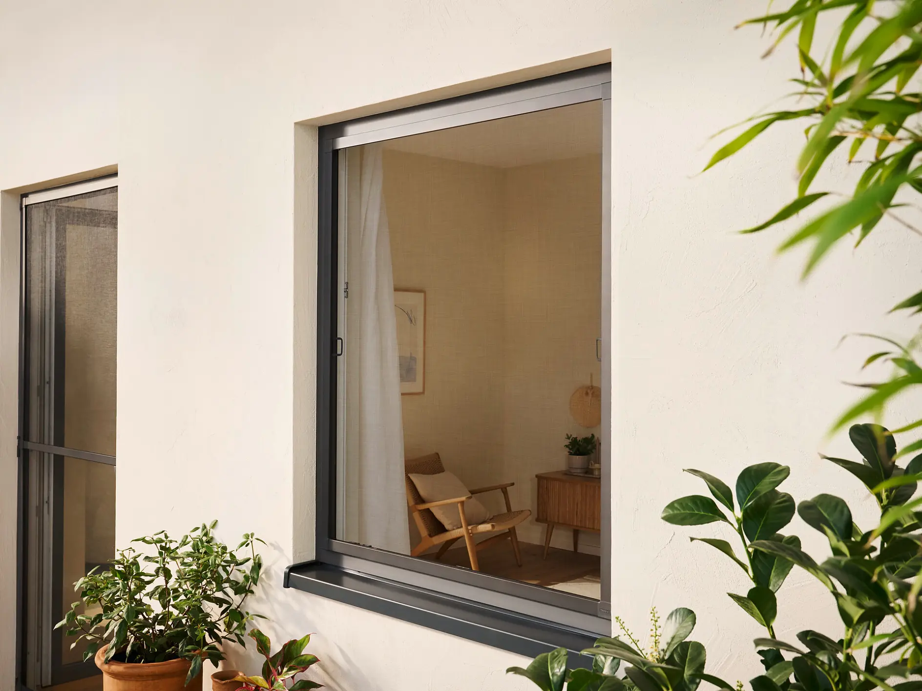 tesa window with insect screen partially open in a white exterior wall surrounded by green plants and outdoor pots (This text has been generated by AI)