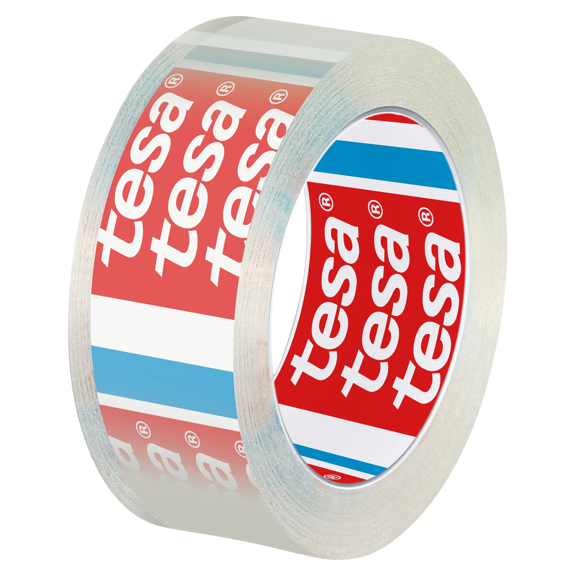 Clear roll of tesa adhesive tape with red and white branded core, isolated on white background for packaging or sealing use. (This text has been generated by AI)
