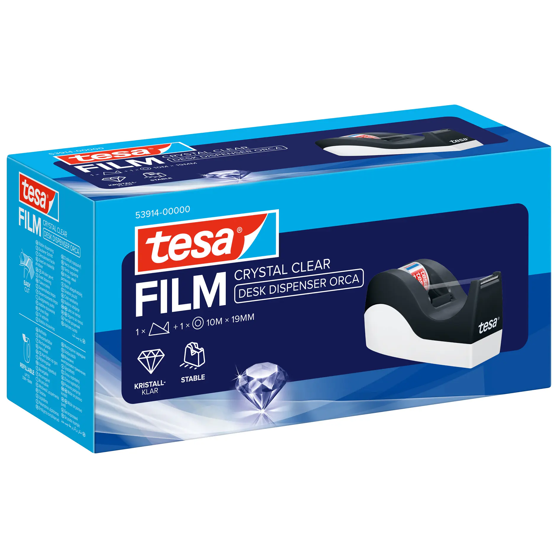 tesa film crystal clear tape with black desk dispenser in blue retail box, shown on white background (This text has been generated by AI)