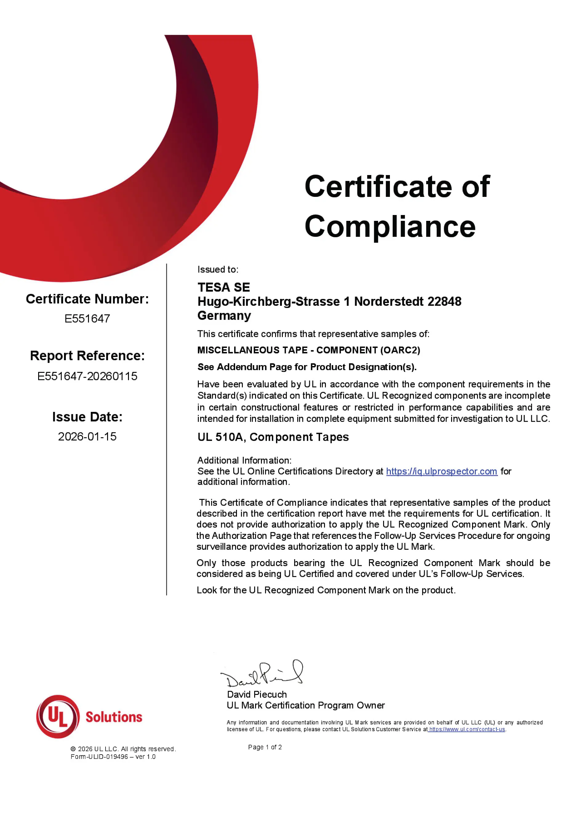 Certificate of Compliance (UL 510 A) (This text has been generated by AI)