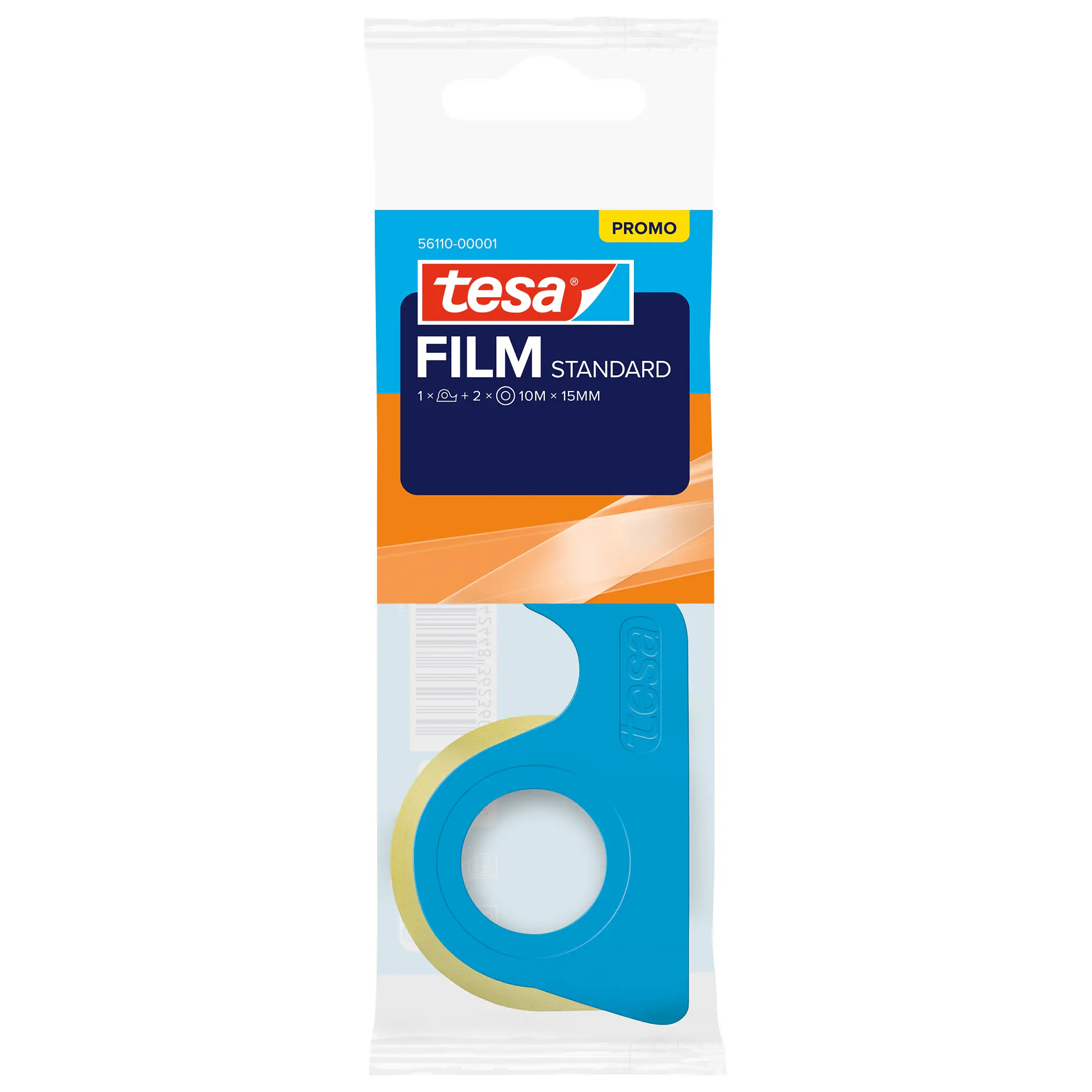 tesa film standard adhesive tape with blue dispenser in clear plastic packaging on white background (This text has been generated by AI)
