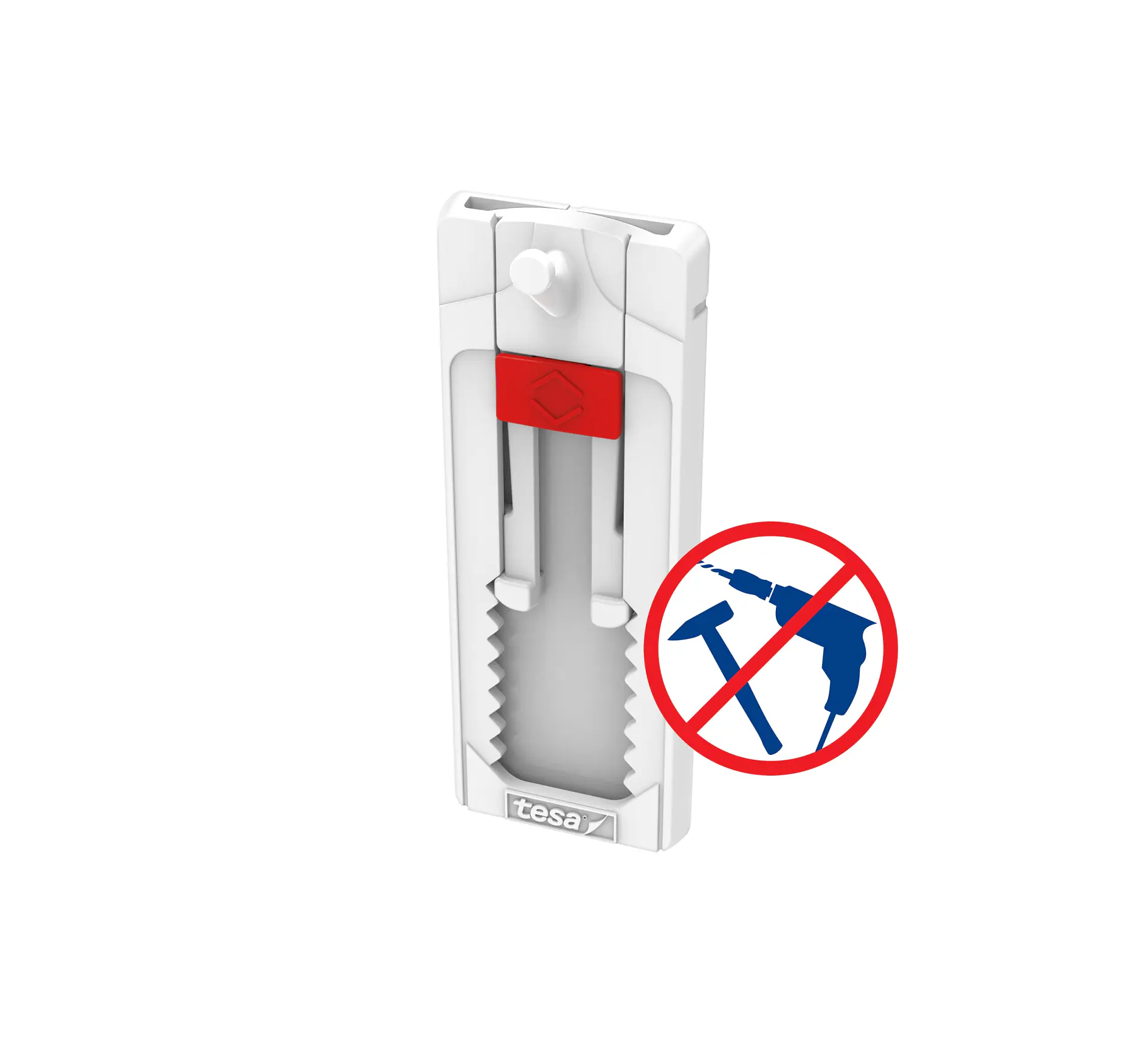 A white wall hanging strip with red accents, featuring a serrated edge on one side. Next to it is a red circle with a diagonal line crossing out a hammer and drill symbol, indicating no tools are required. The strip uses tesa tape, known for its reliable adhesive qualities that eliminate the need for any tools. (This text has been generated by AI)