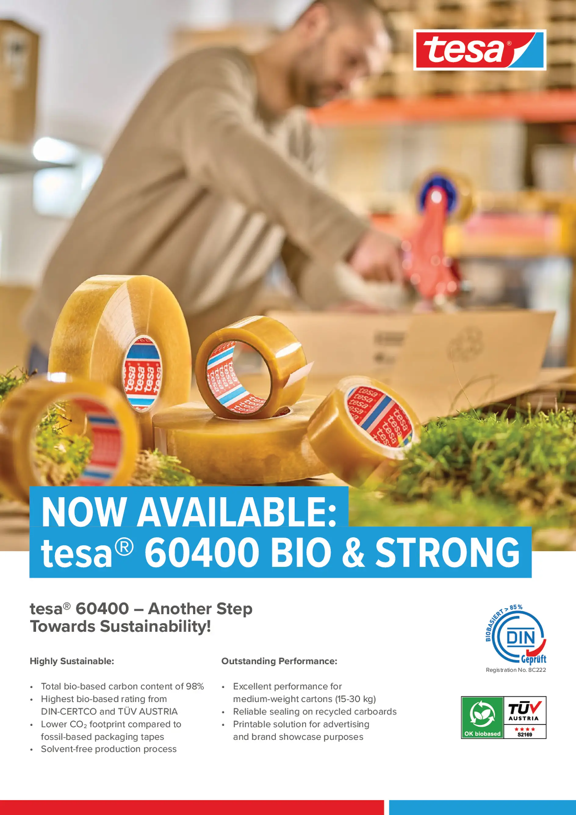 To siders informasjon om tesa® 60400 Biobasert emballeringstape