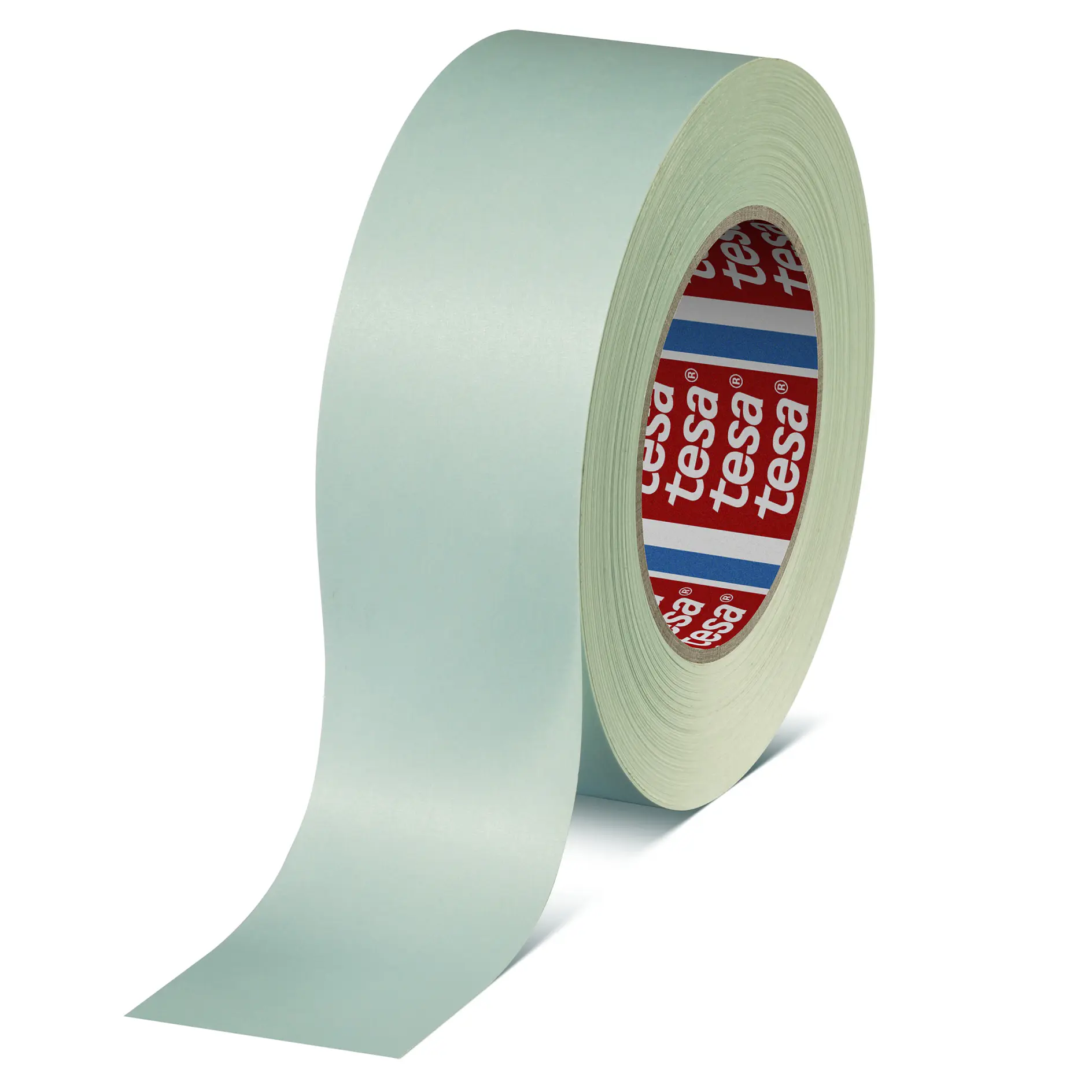 roll of tesa adhesive tape with a partially unrolled strip on a white background (This text has been generated by AI)