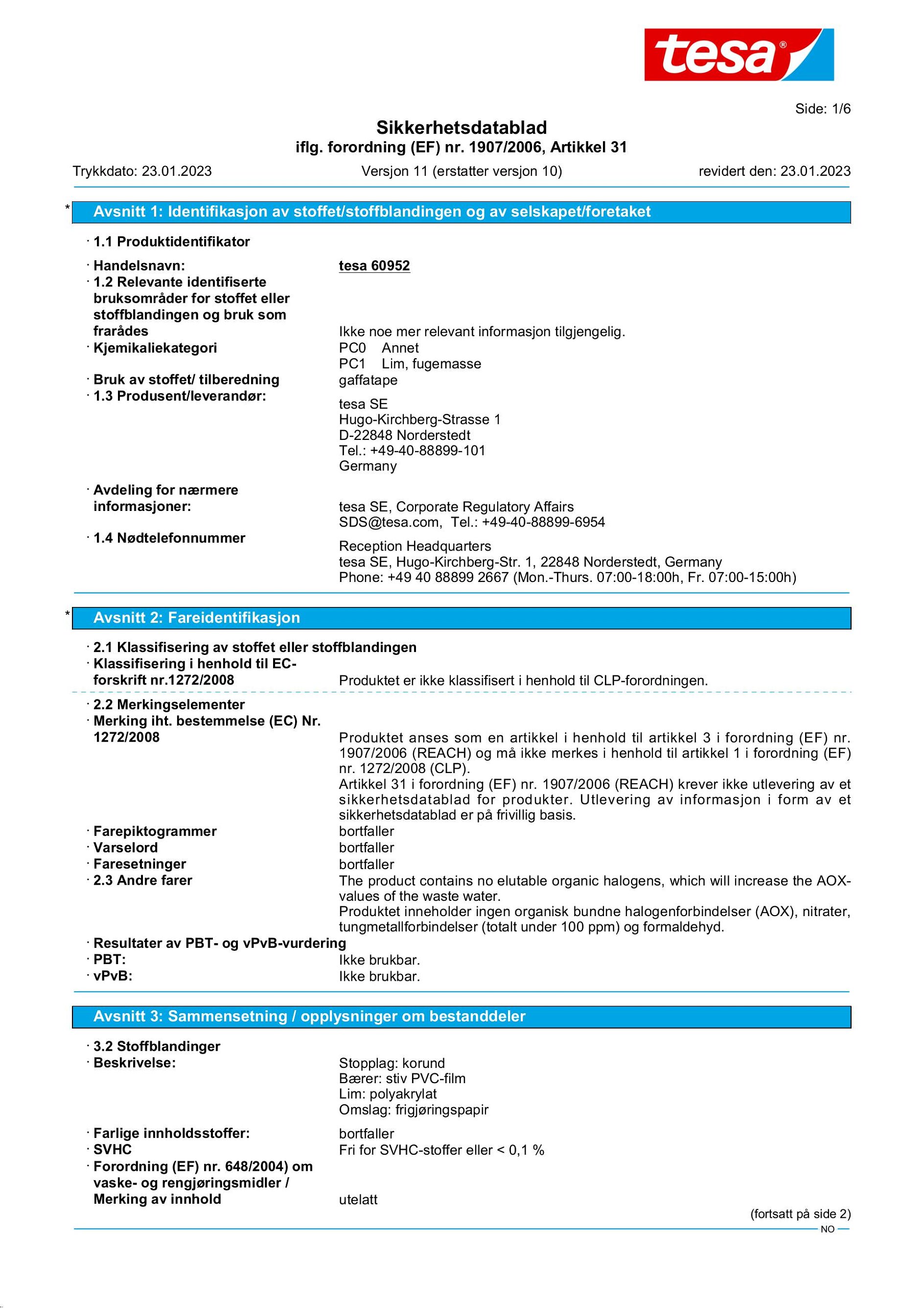 Safety data sheet_tesa® Professional 60950 / 60952_nb-NO_v11
