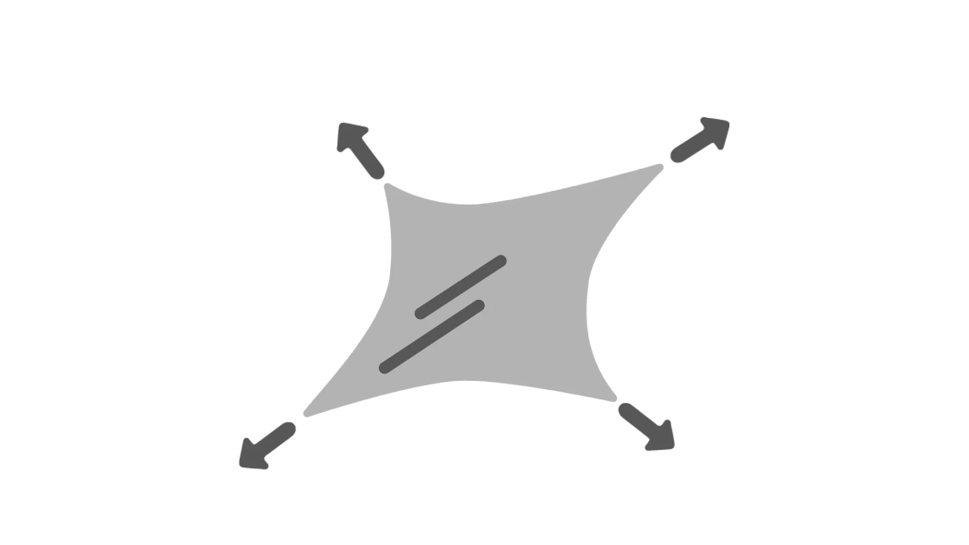 A gray, stretched quadrilateral shape is displayed with arrows pointing outward from each corner, indicating expansion. Two diagonal parallel lines are drawn across the center of the shape using tesa tape. (This text has been generated by AI)