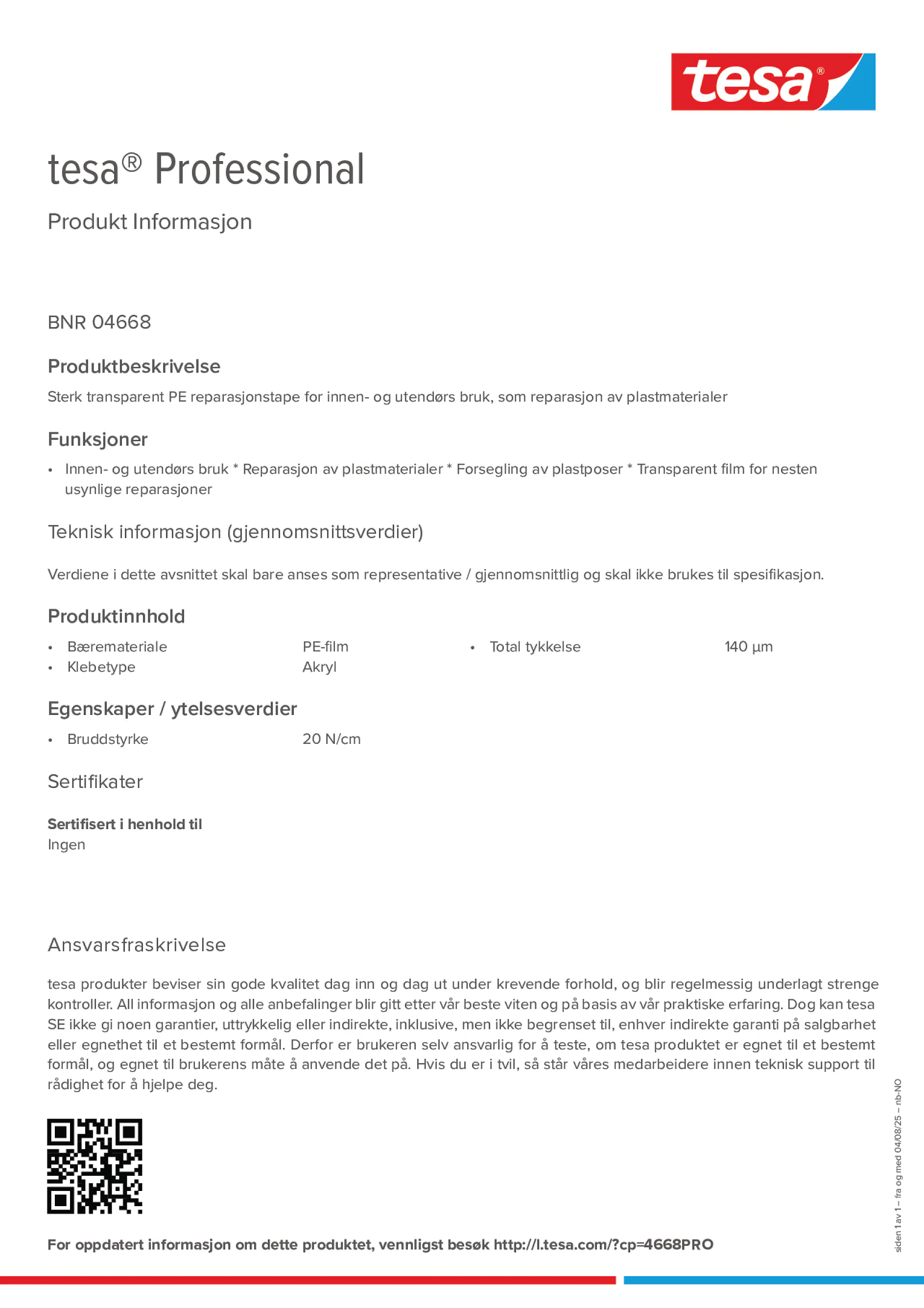 Product information_tesa® Professional 04668_nb-NO