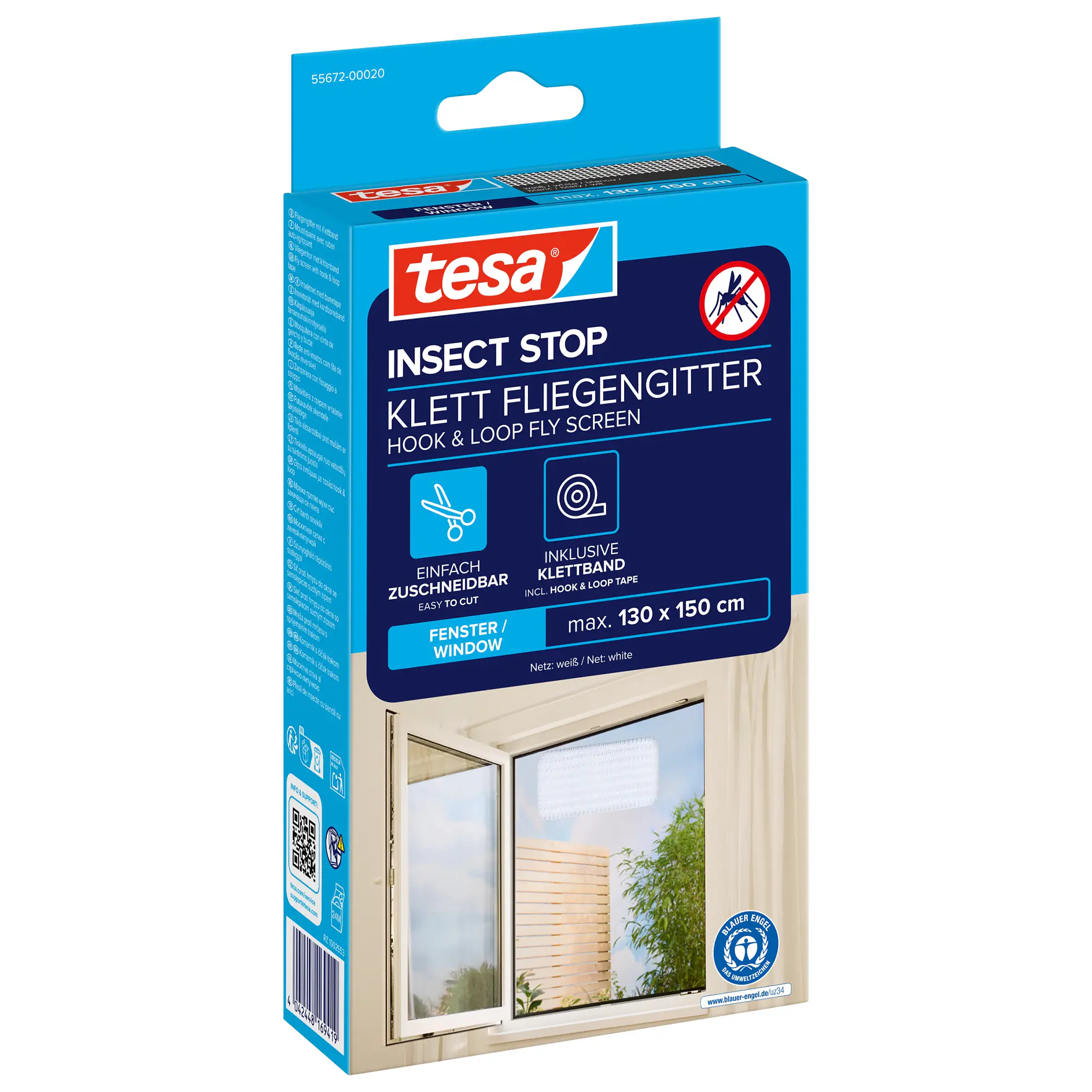 tesa insect stop hook and loop fly screen packaging showing a window with the screen installed in an indoor setting (This text has been generated by AI)