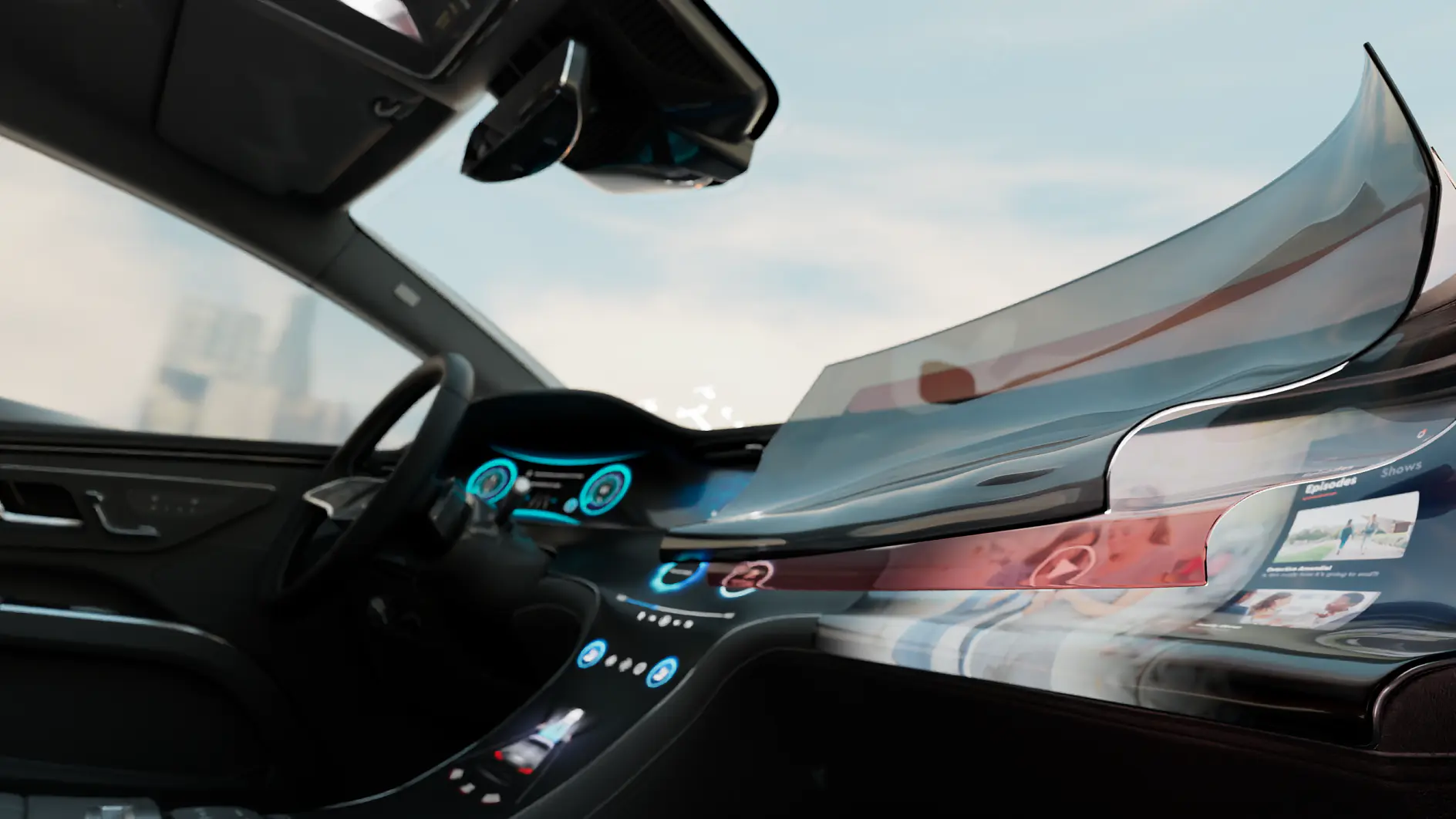 Interior view of a car from the front passenger side looking forward, showing the dashboard with a curved display. The display is illustrated in multiple layered sections to demonstrate how adhesive tape is applied to secure the display in place. (This text has been generated by AI)