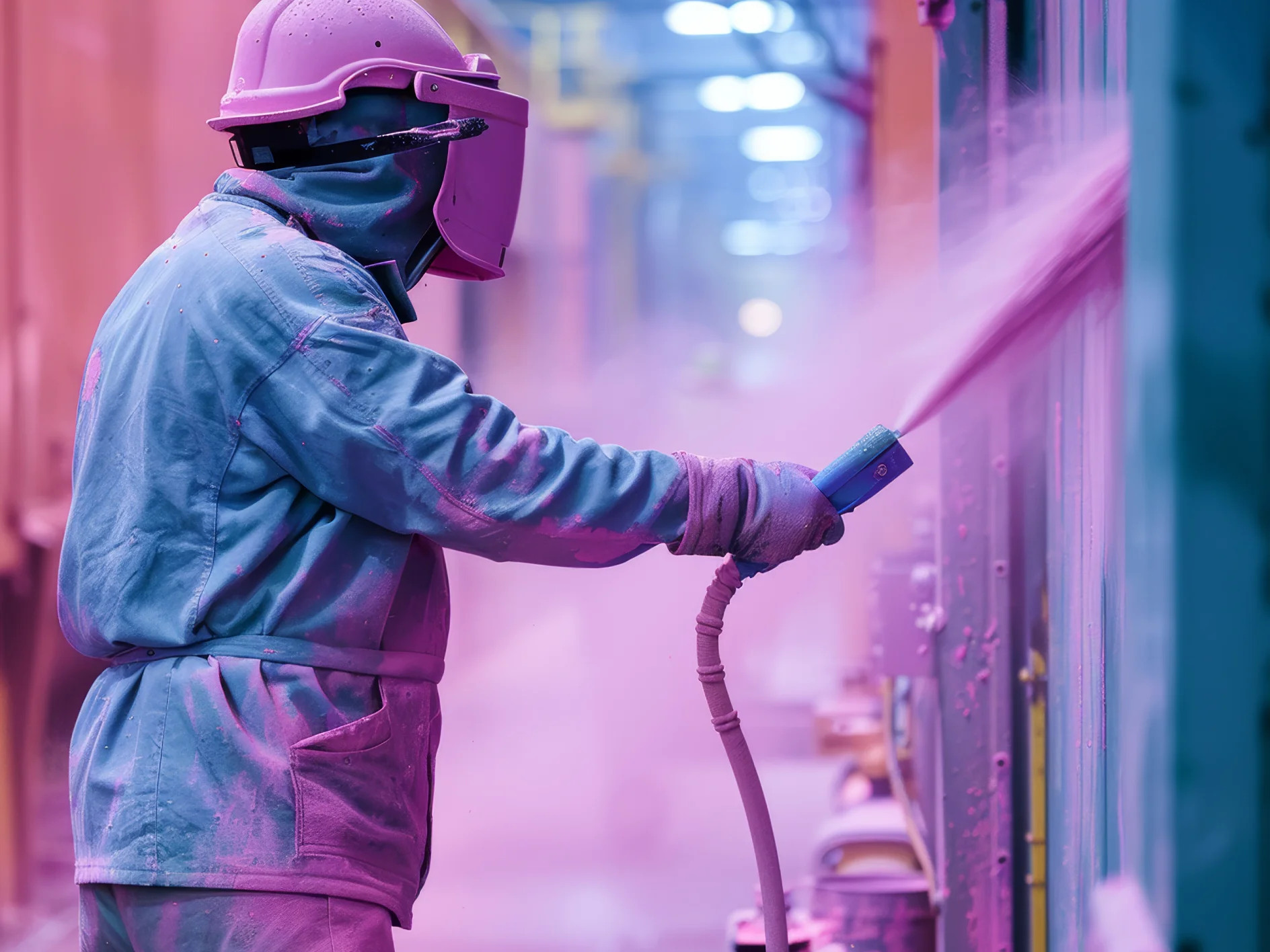 Pulverlakkering av metalldeler i en fabrikk, som viser påføring av fint pulver for å forbedre