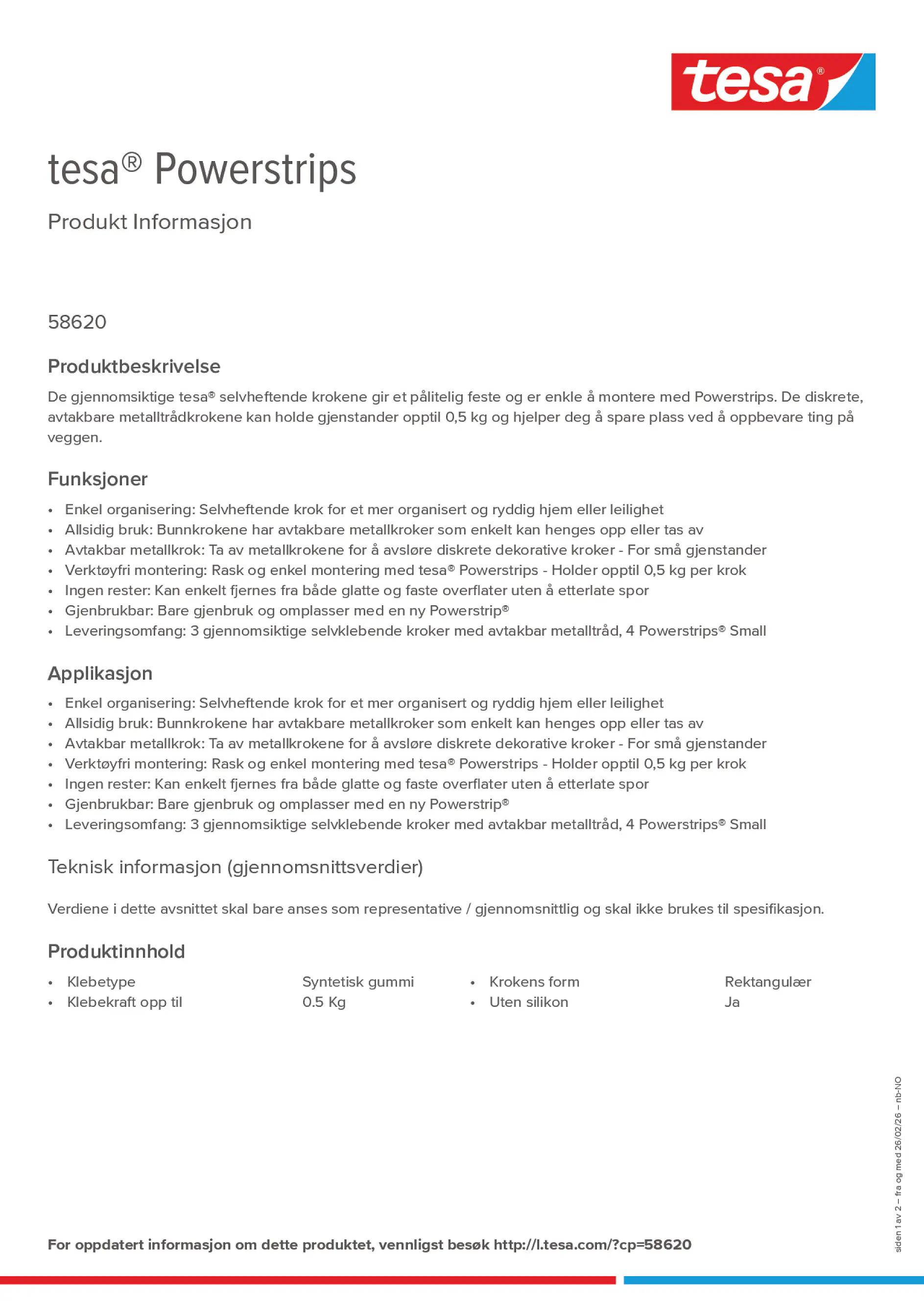 Product information_tesa® Powerstrips 58620_nb-NO