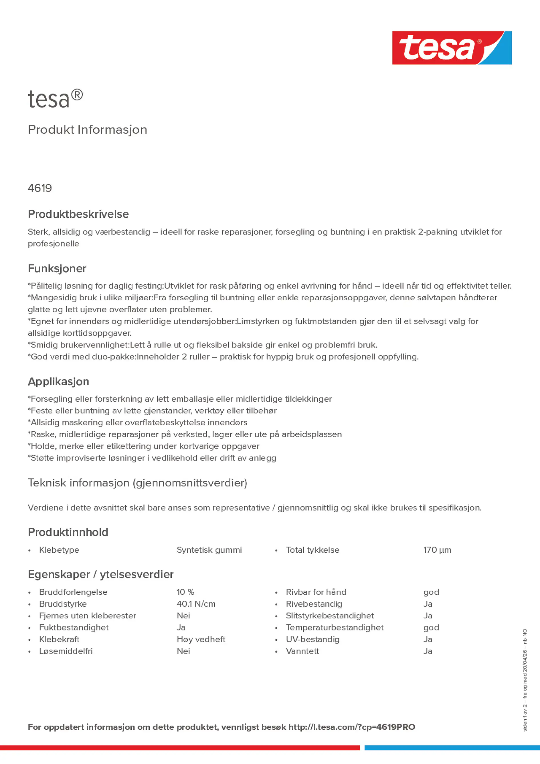 Product information_tesa® 4619PRO_nb-NO