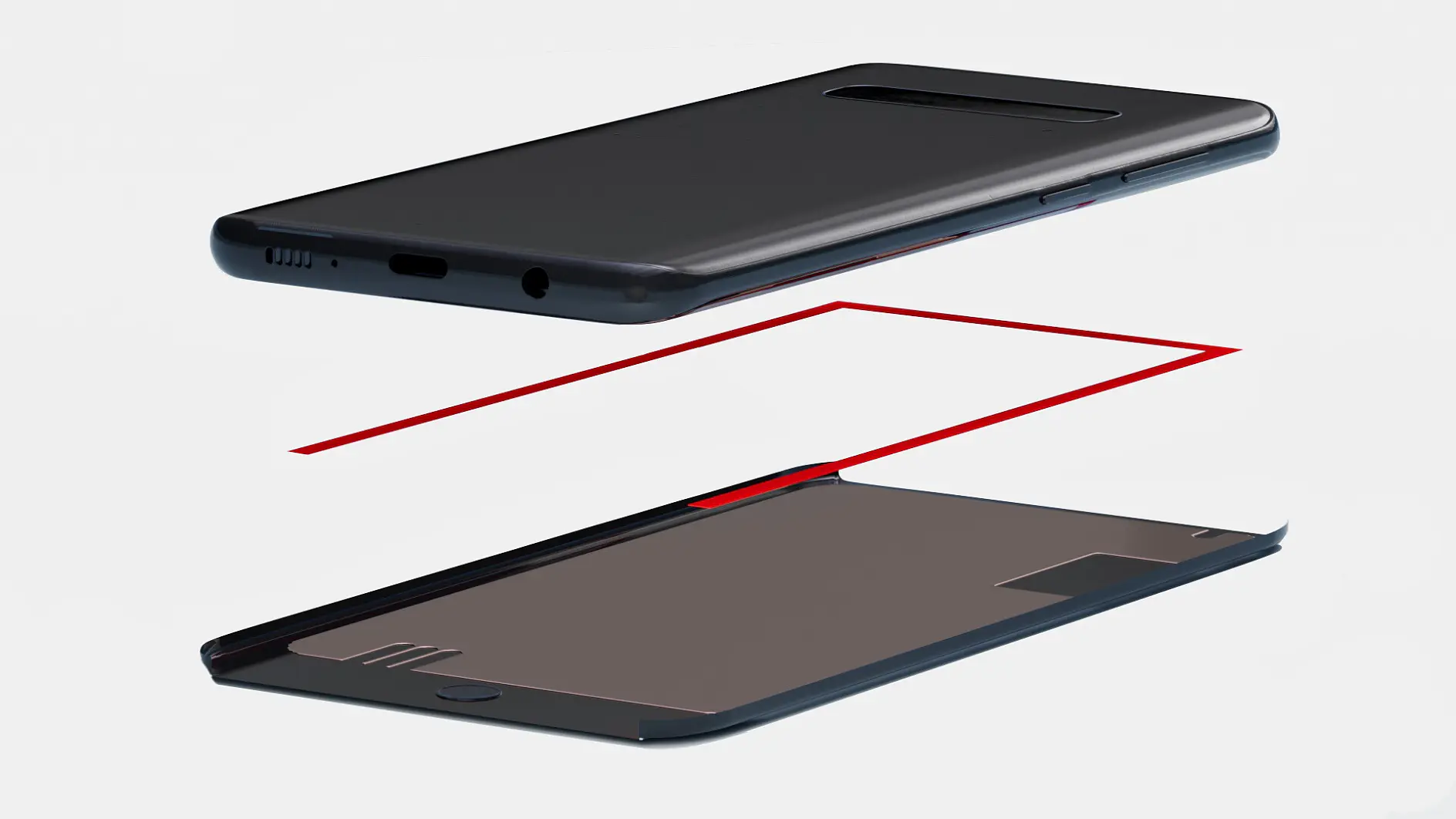 A 3D rendering of a smartphone showing an exploded view. The top part features the screen and outer casing, while the bottom part shows the internal structure. A red outline highlights the space between the two sections using tesa tape. (This text has been generated by AI)