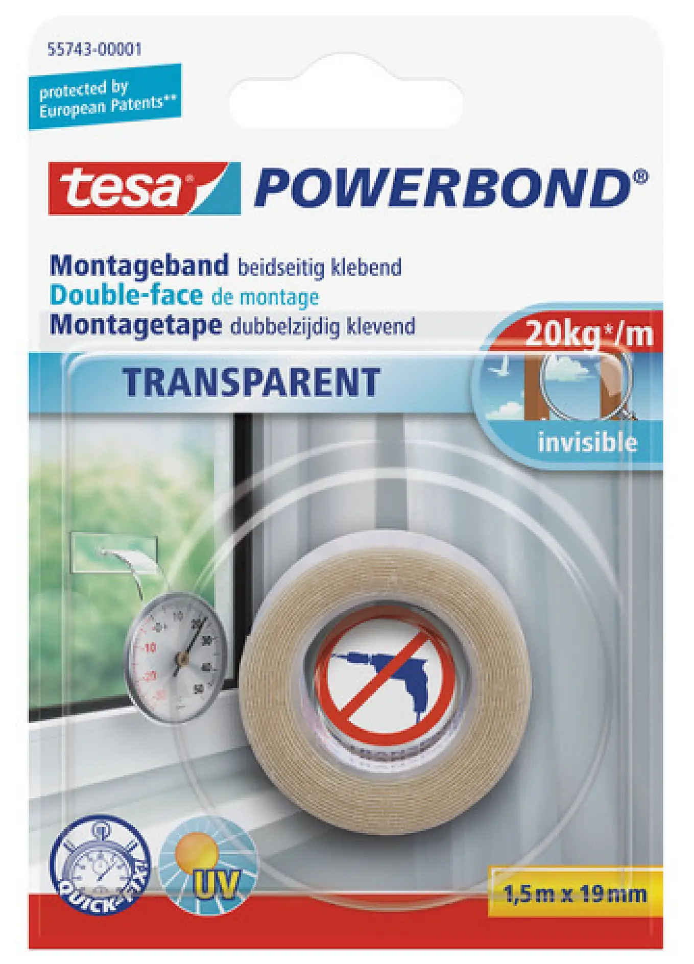 tesa® Powerbond TRANSPARENT is a versatile mounting tape for many indoor applications. The double-sided self-adhesive tape is perfectly suited to fix any transparent object or anything that needs to be attached to a transparent surface. It is crystal clear and extra thin and will stick to any flat surface made of materials such as glass, tiles, wood and most plastics. In good bonding conditions, a strip of just 10 cm is enough to hold a weight of up to 2 kg.