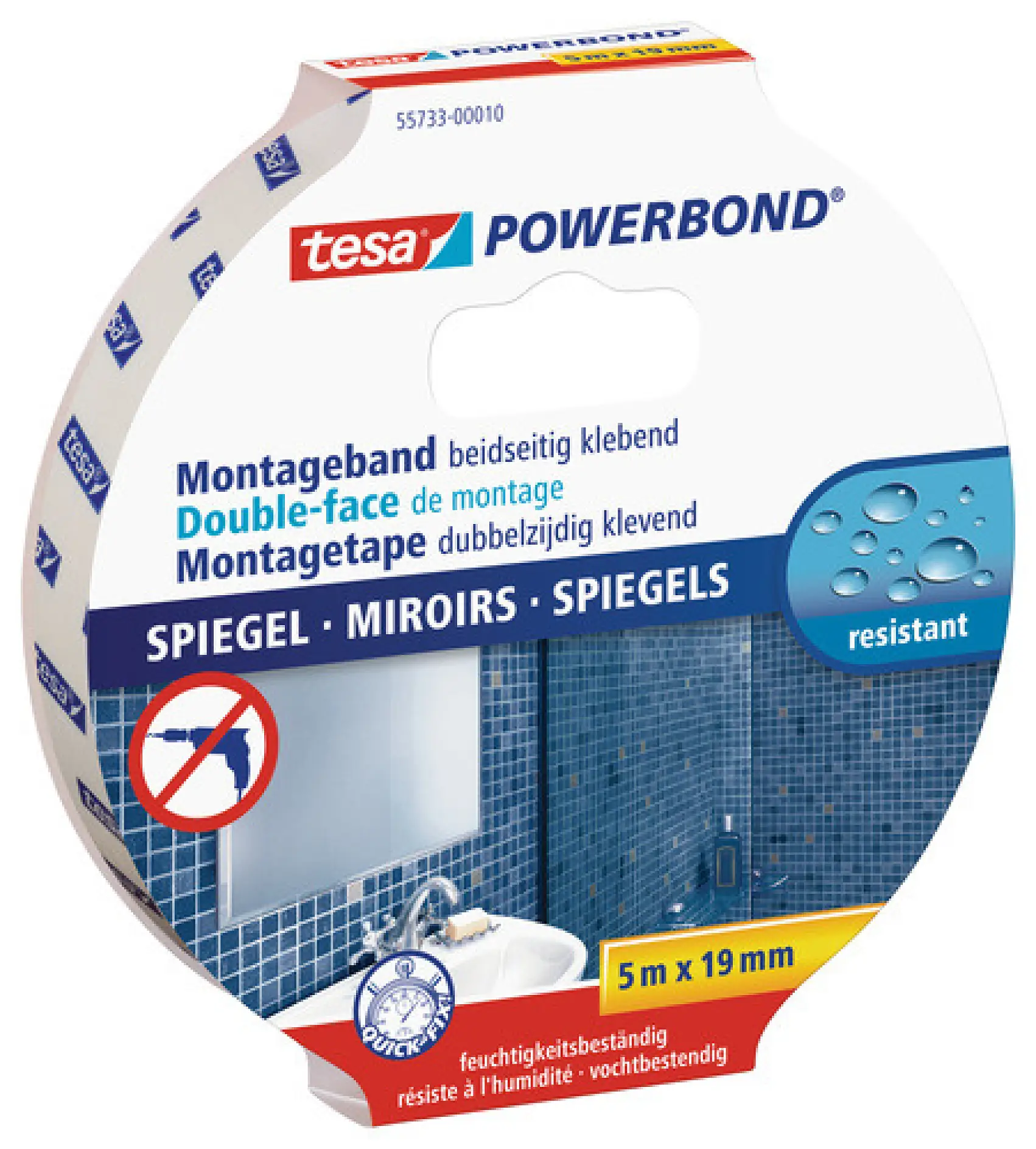 tesa® Powerbond MIRROR is the ideal strong mounting tape for hanging mirrors and other flat objects. This double-sided self-adhesive mounting tape offers superior bonding power even in humid surroundings, such as bathrooms. It can hold mirrors of up to 70x70 cm and a thickness of up to 4 mm. You can forget about nails or screws. This unique mounting tape will securely attach your bathroom or wall mirrors without damaging valuable tiles.