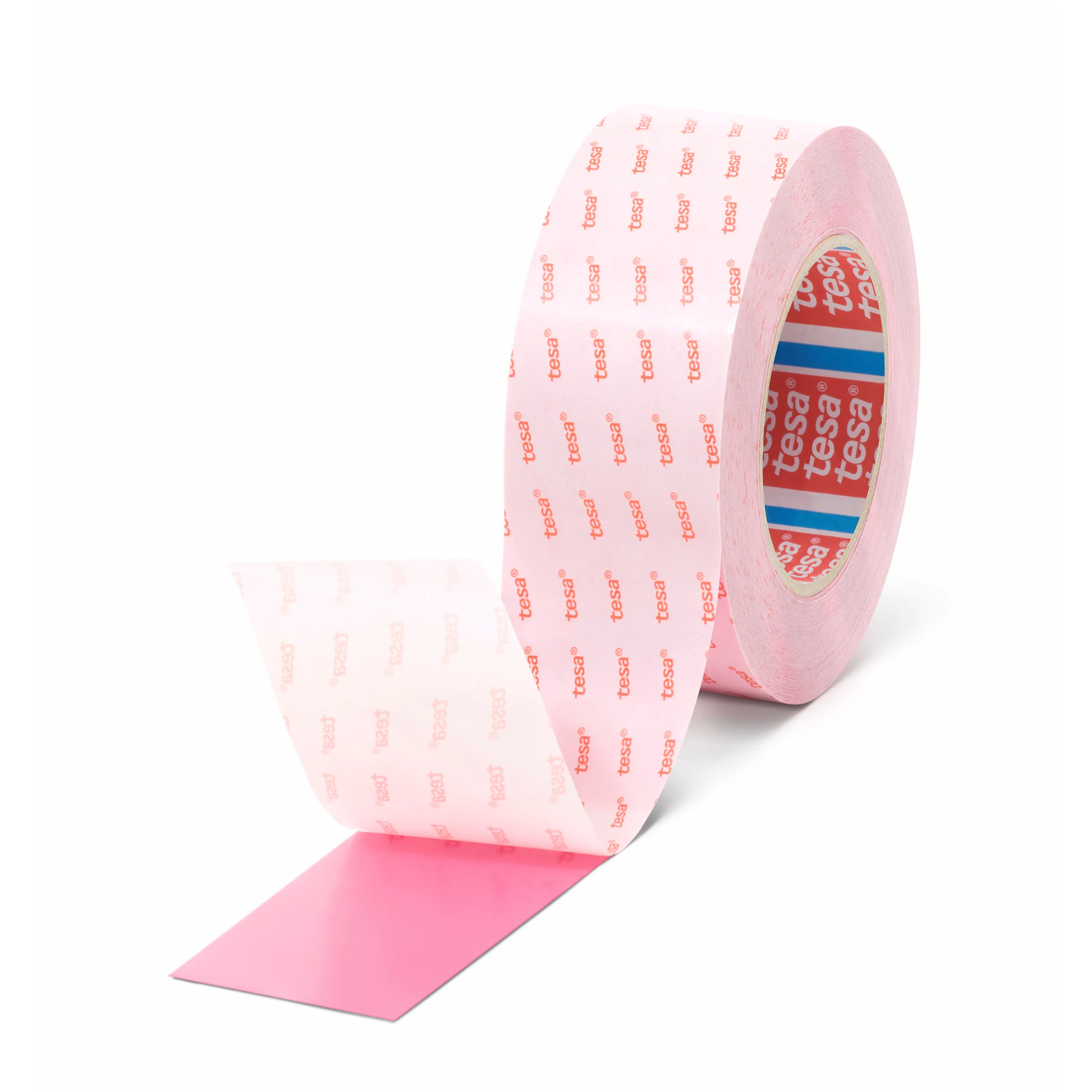 roll of tesa adhesive tape with pink patterned backing partially unrolled on white background (This text has been generated by AI)