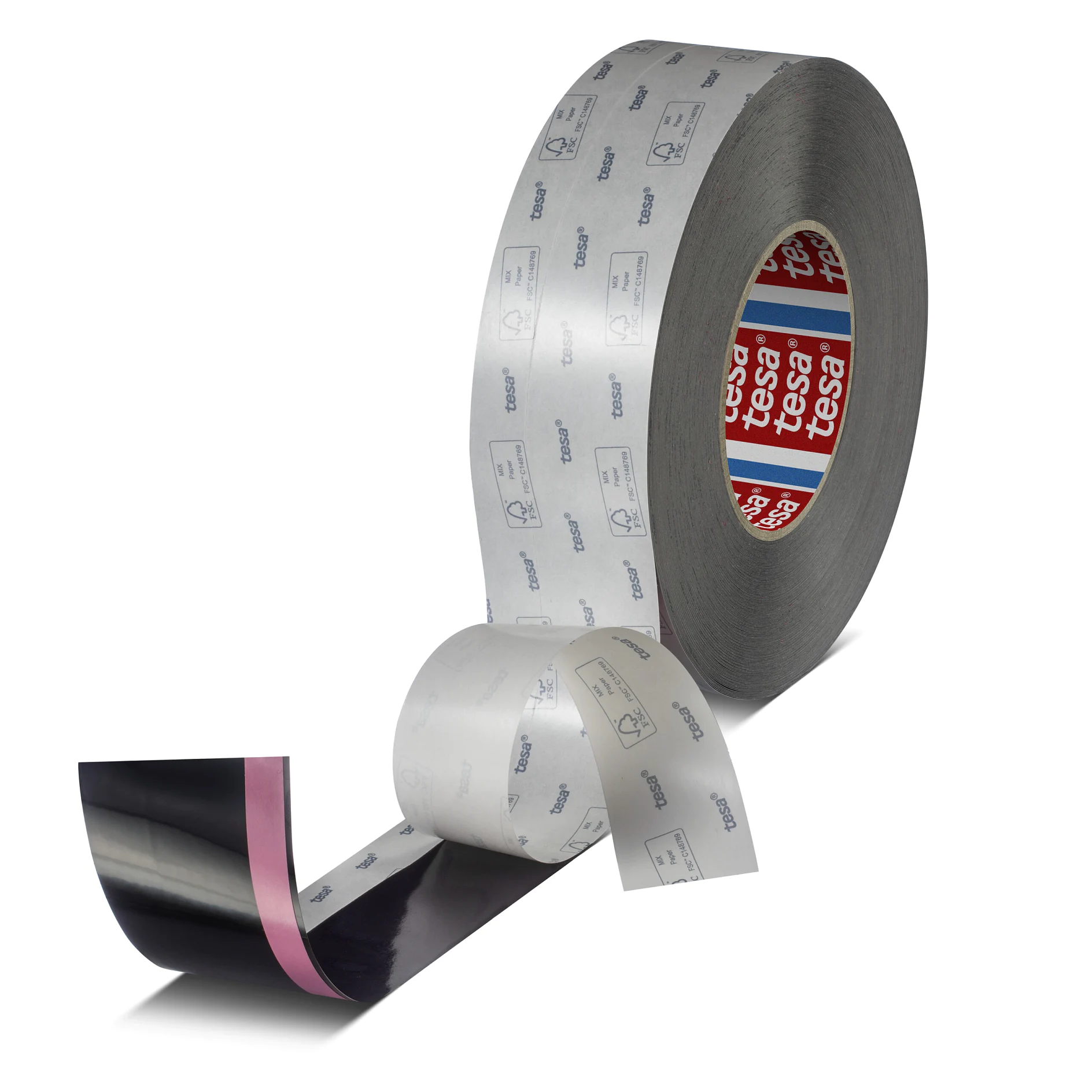 roll of tesa branded double-sided adhesive tape with protective backing partially peeled, isolated on white background (This text has been generated by AI)