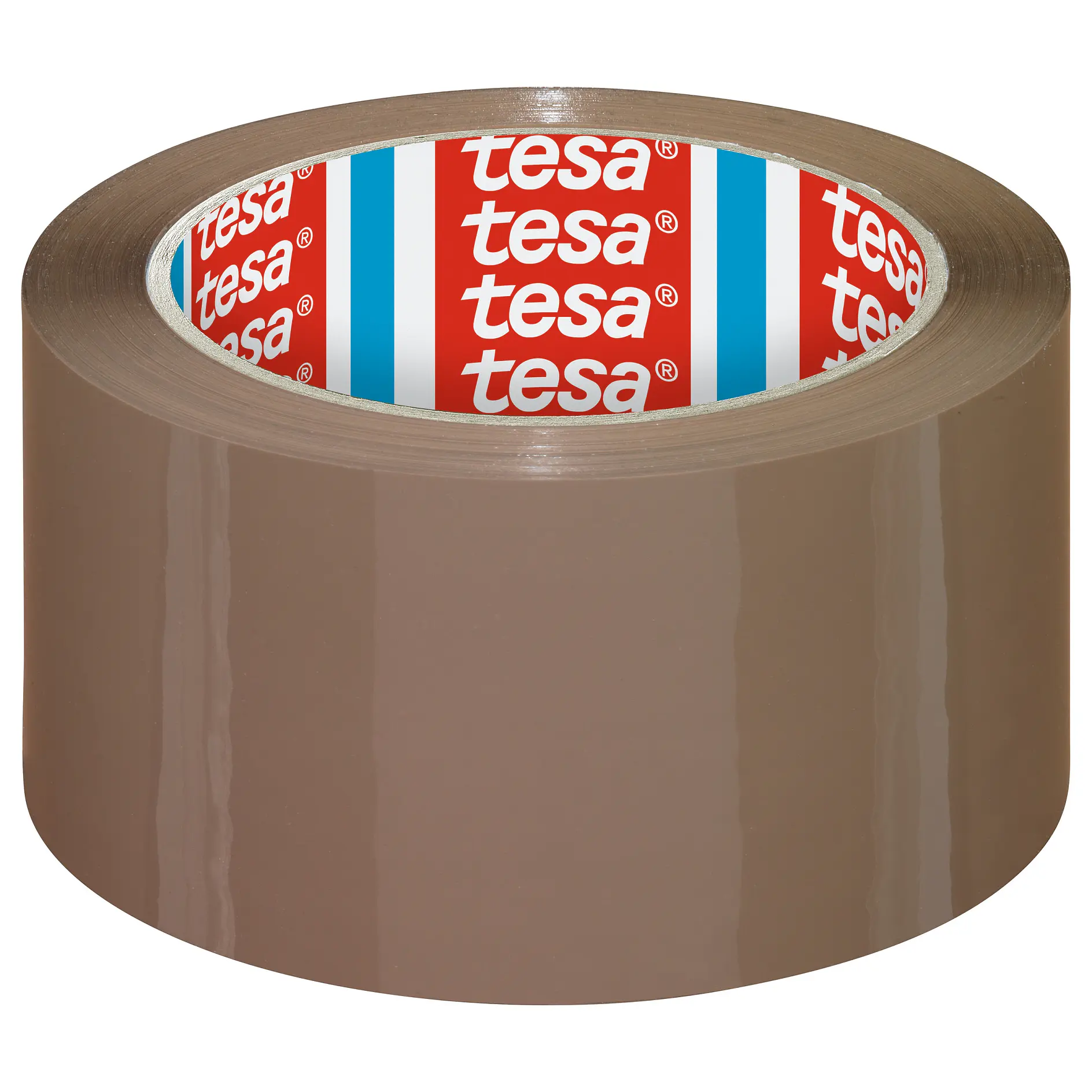 brown packing tape roll with tesa branding on the inner core, isolated on a white background (This text has been generated by AI)