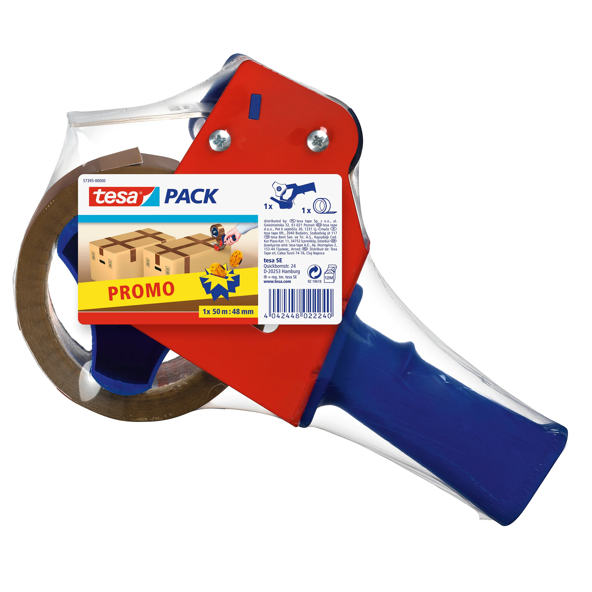 tesa branded red and blue tape dispenser with brown packing tape, isolated on white background (This text has been generated by AI)