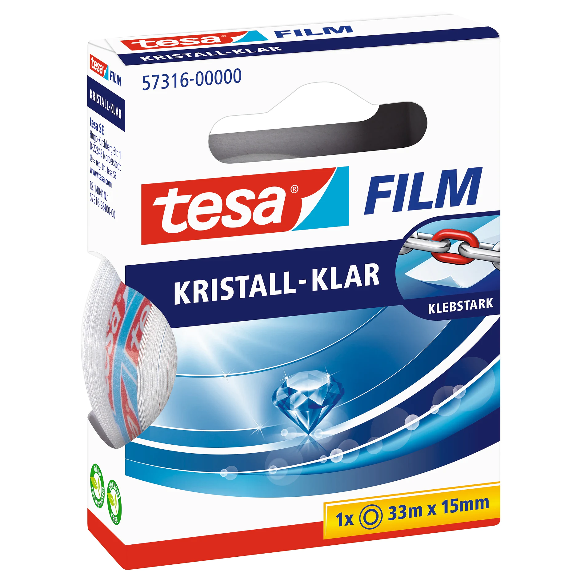 tesa clear adhesive film tape in blue and white packaging with 33m length and 15mm width, displayed against a white background (This text has been generated by AI)